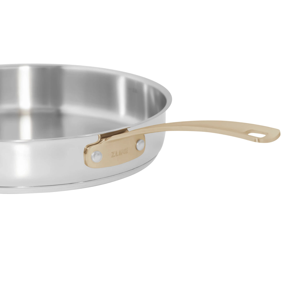 ZLINE stainless steel pan side with gold handle and riveted attachment plate