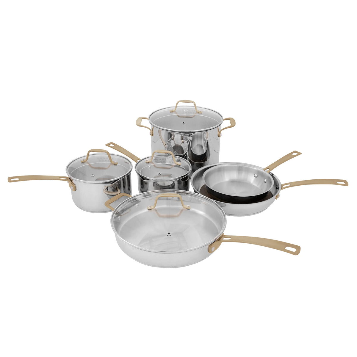 Stainless steel cookware set with gold handles and matching lids, multiple pots and pans