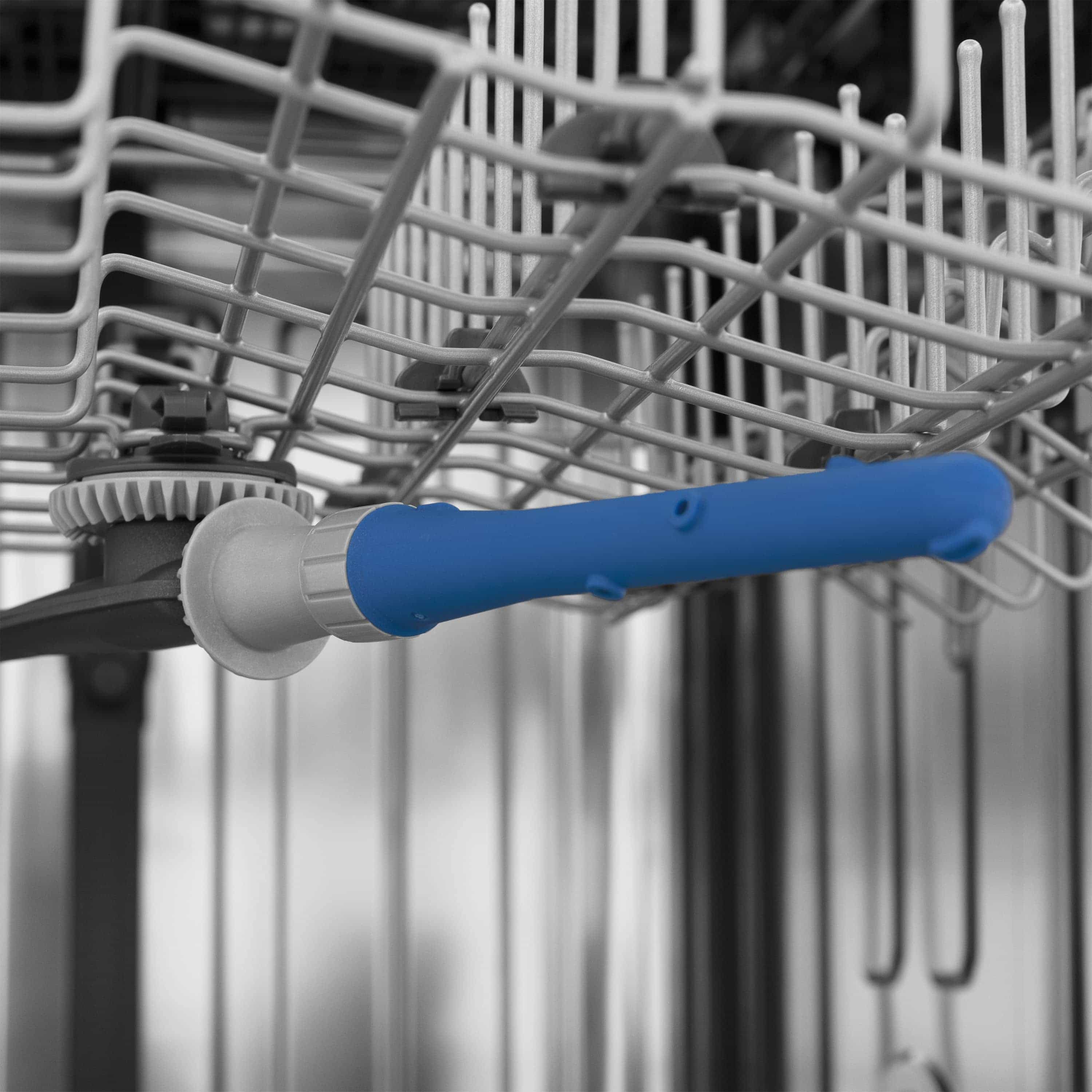 Dishwasher spray arm with blue handle over dish rack