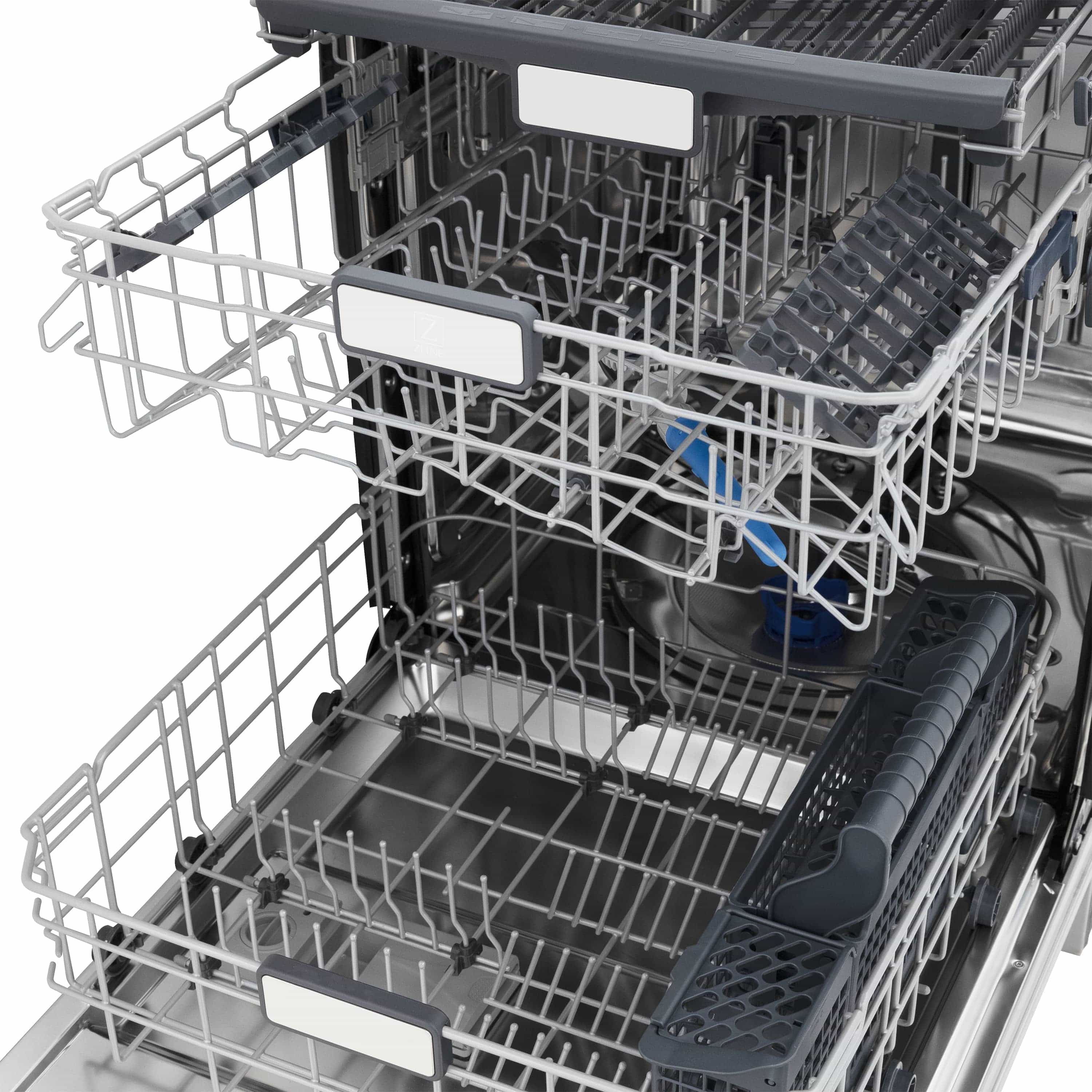 Dishwasher interior with top and bottom racks, utensil area, and black divider