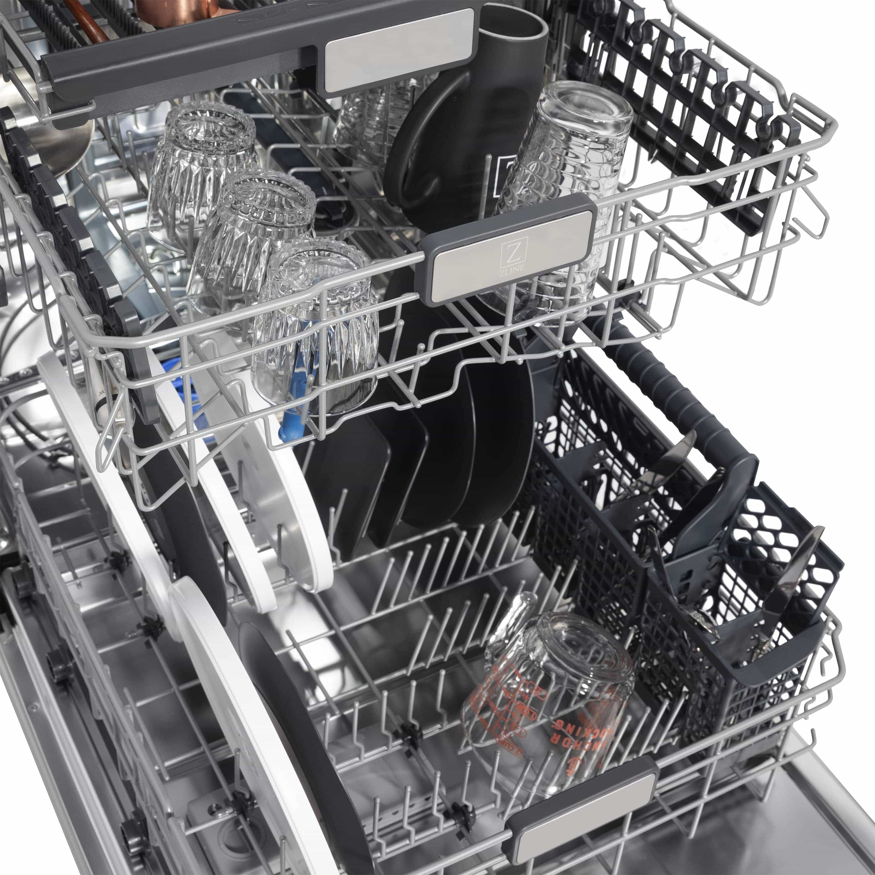Dishwasher racks with glassware and a black utensil basket