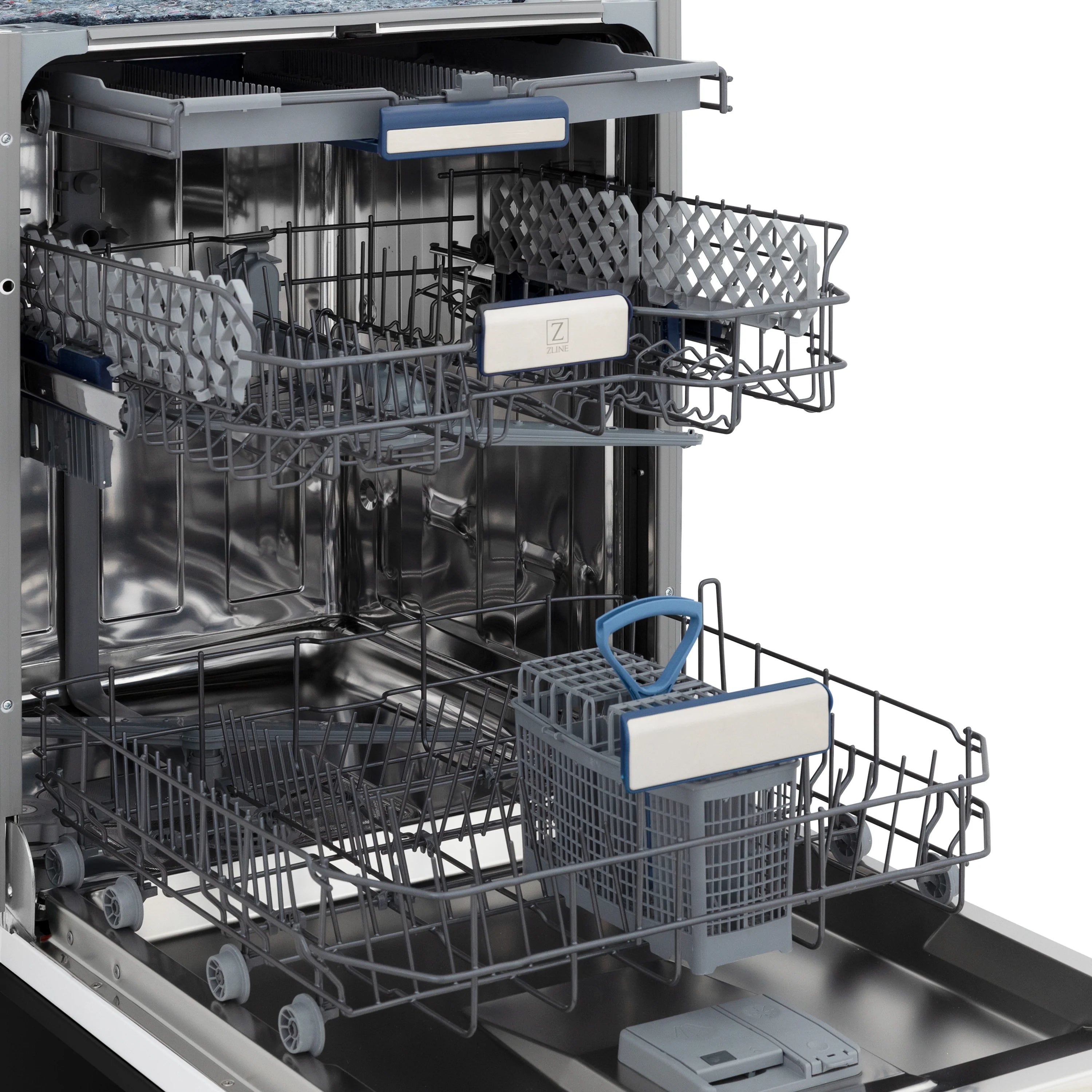 Stainless interior dishwasher with wire racks and spray system