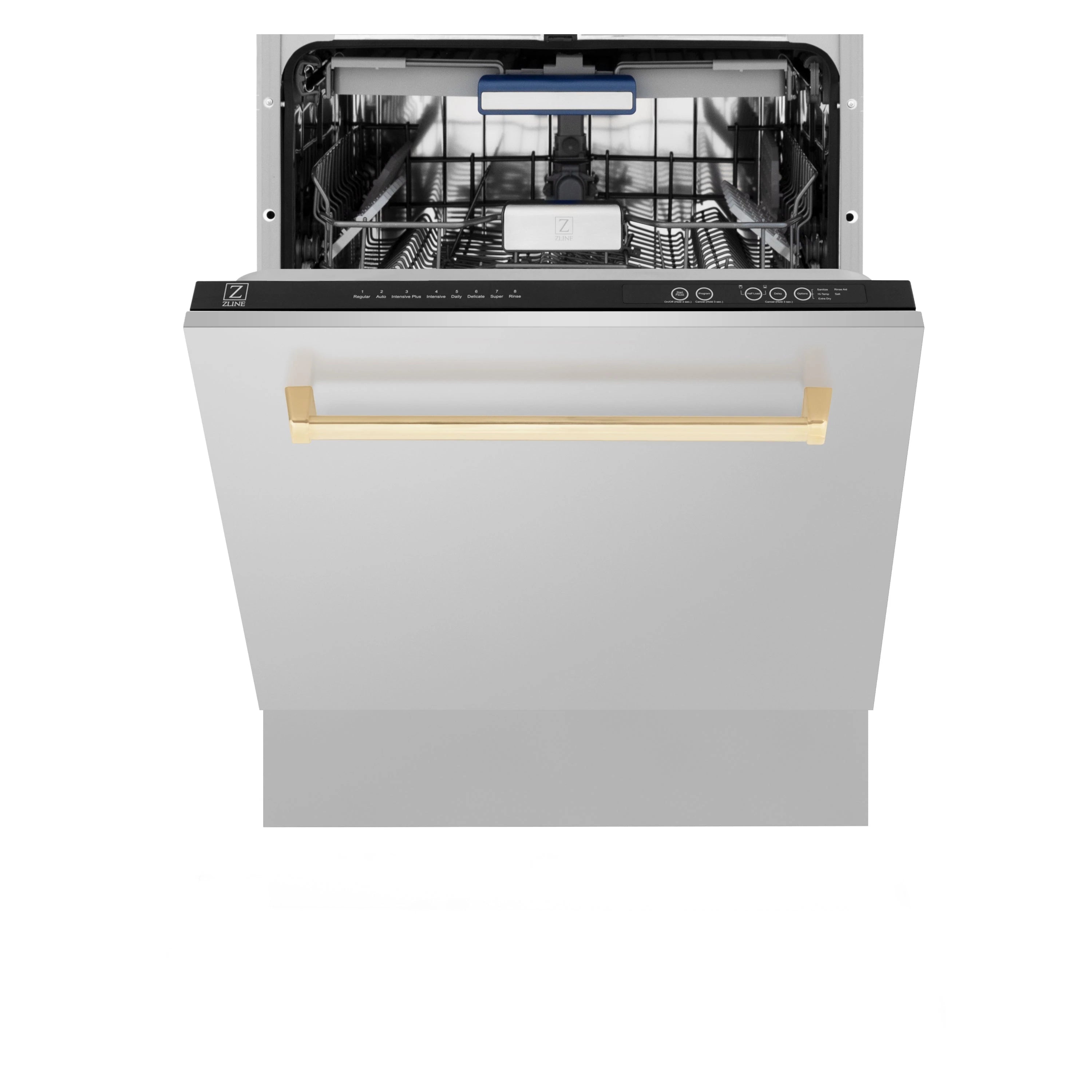 Open dishwasher interior with racks and gold front handle bar