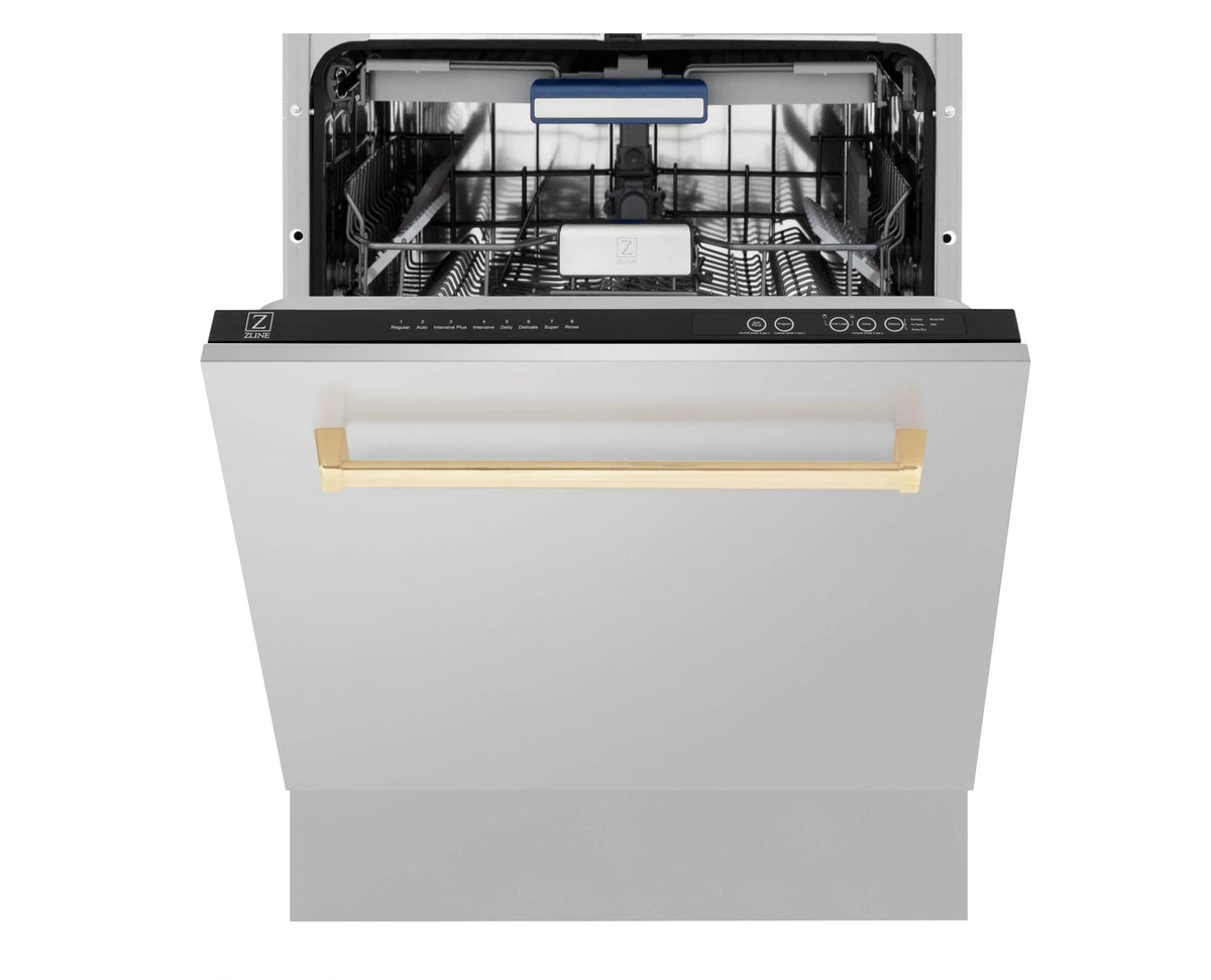Dishwasher interior with racks and gold handle cover, door open