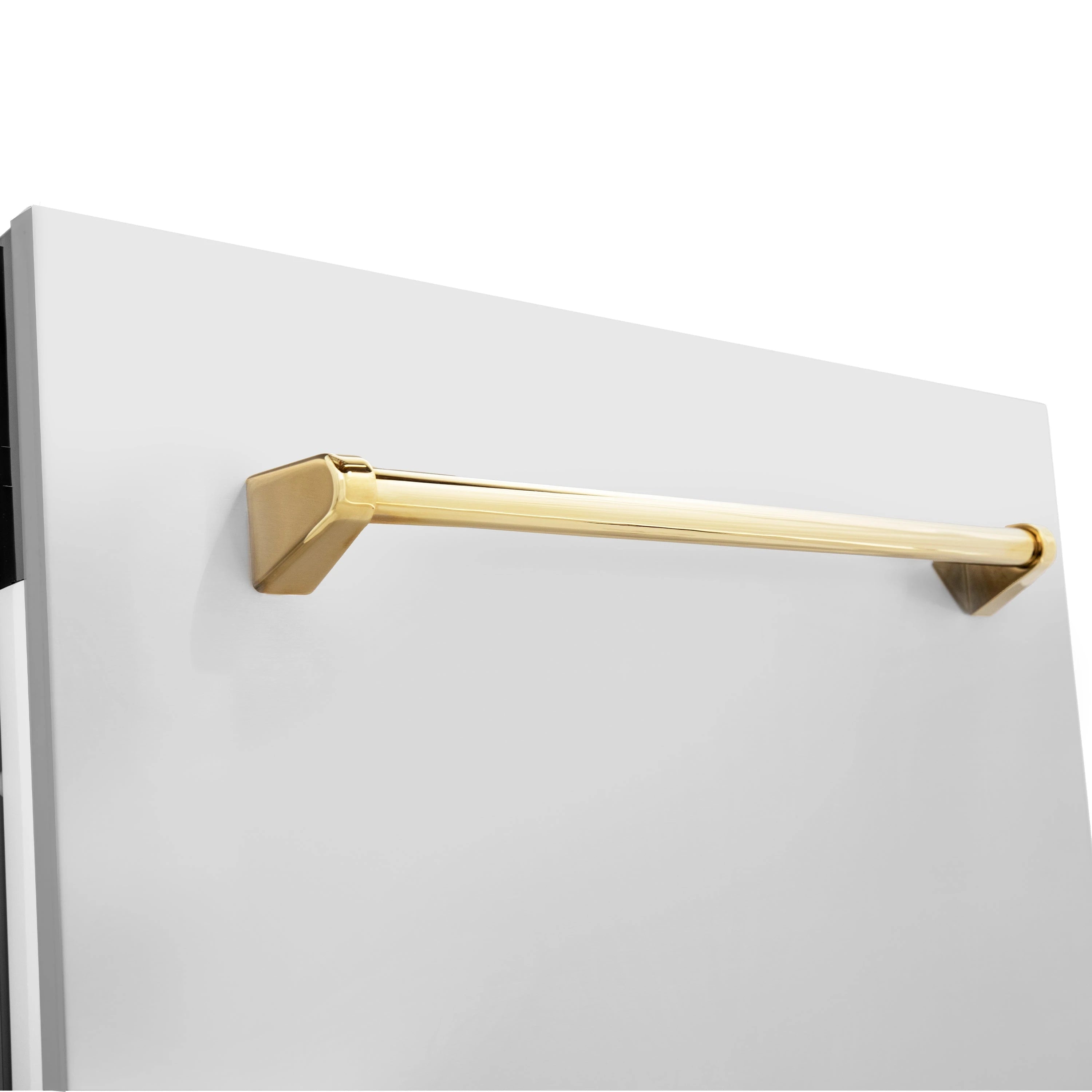 White dishwasher door with gold bar handle on front