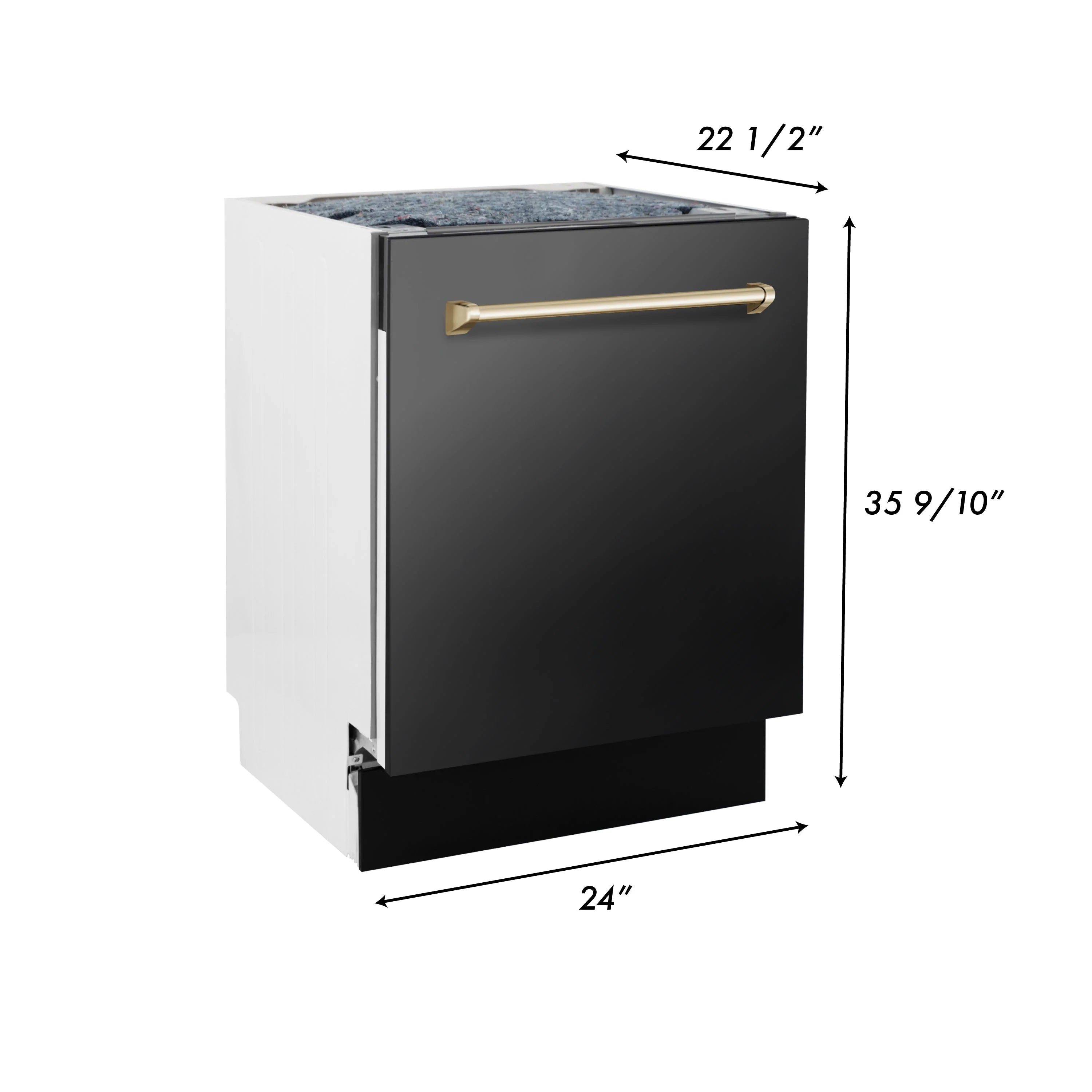 ZLINE dishwasher front view with champagne bronze handle and size markings