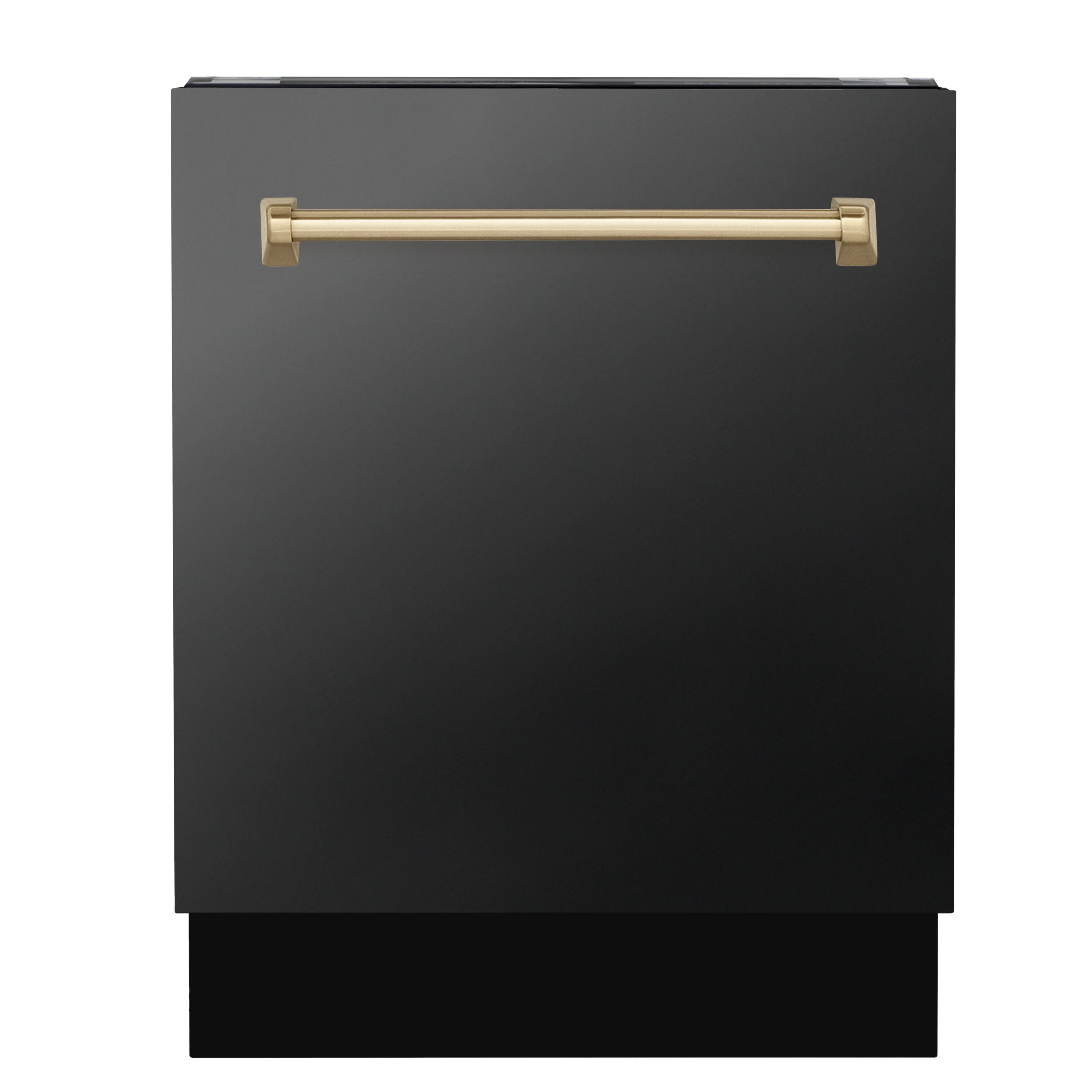 Black dishwasher door front with champagne bronze bar handle