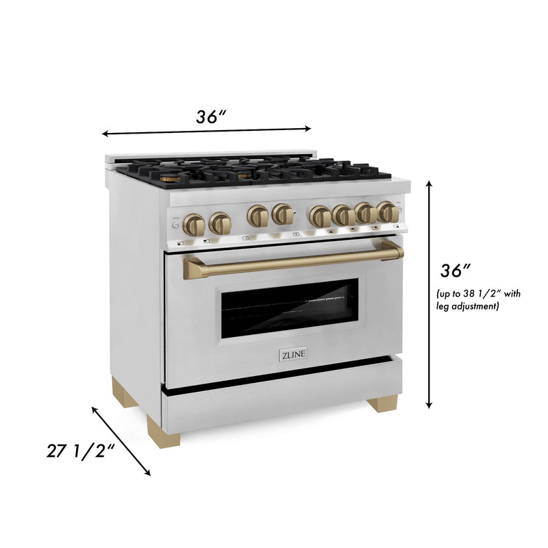 ZLINE Autograph Edition 36-Inch 4.6 cu. ft. Range with Gas Stove and Gas Oven in DuraSnow® Stainless Steel with Champagne Bronze Accents (RGSZ-SN-36-CB)
