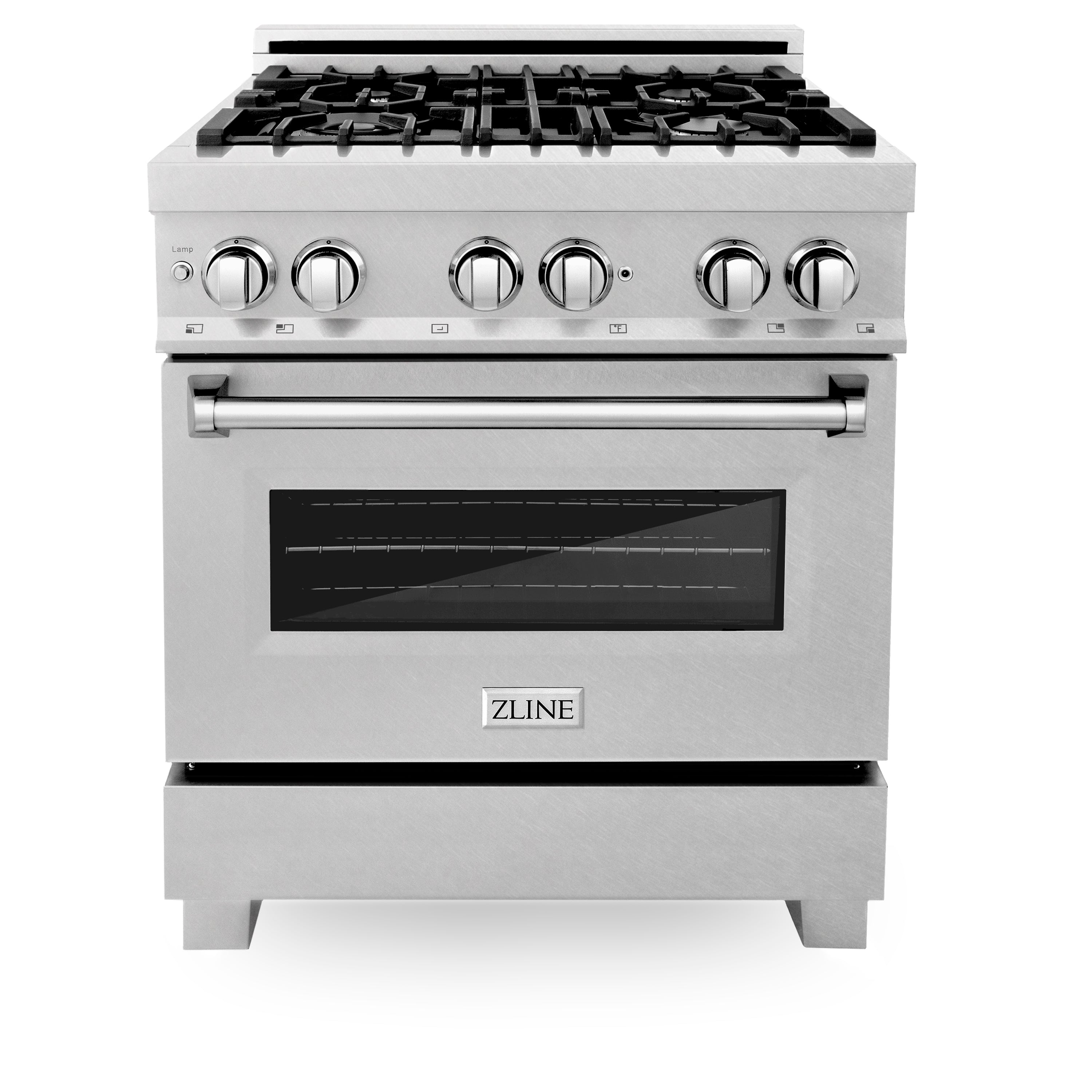 Stainless dual fuel range with gas cooktop and closed electric oven door