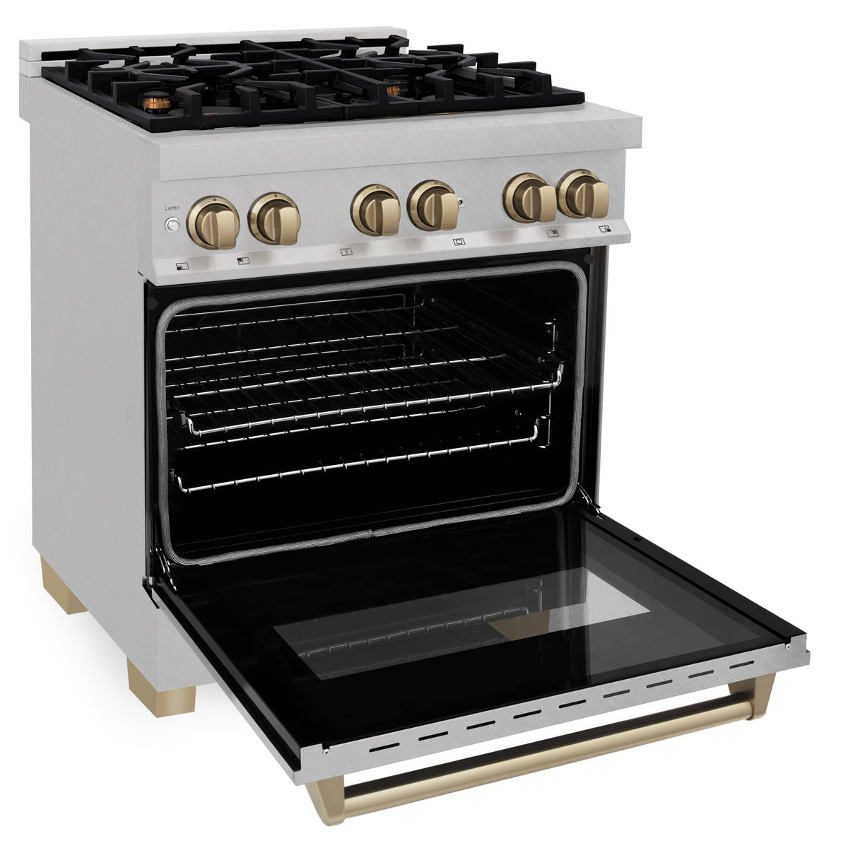 Dual fuel electric oven open view with racks inside and control knobs above