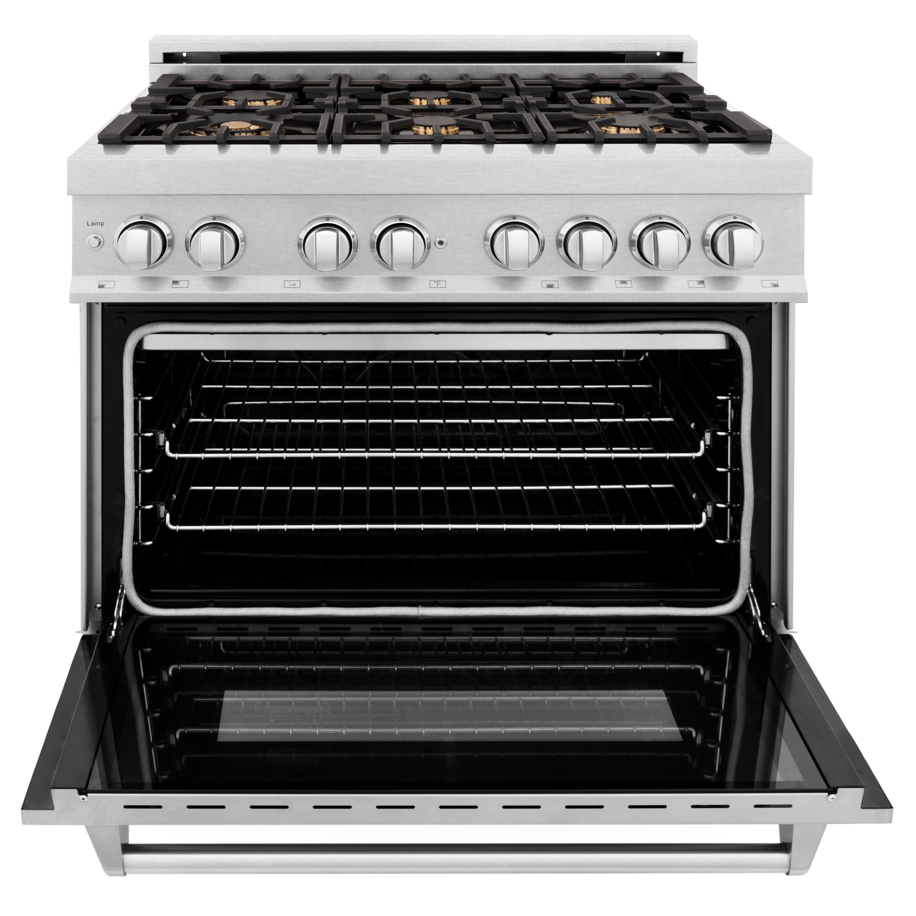 Stainless steel dual fuel range with open oven door and wire racks