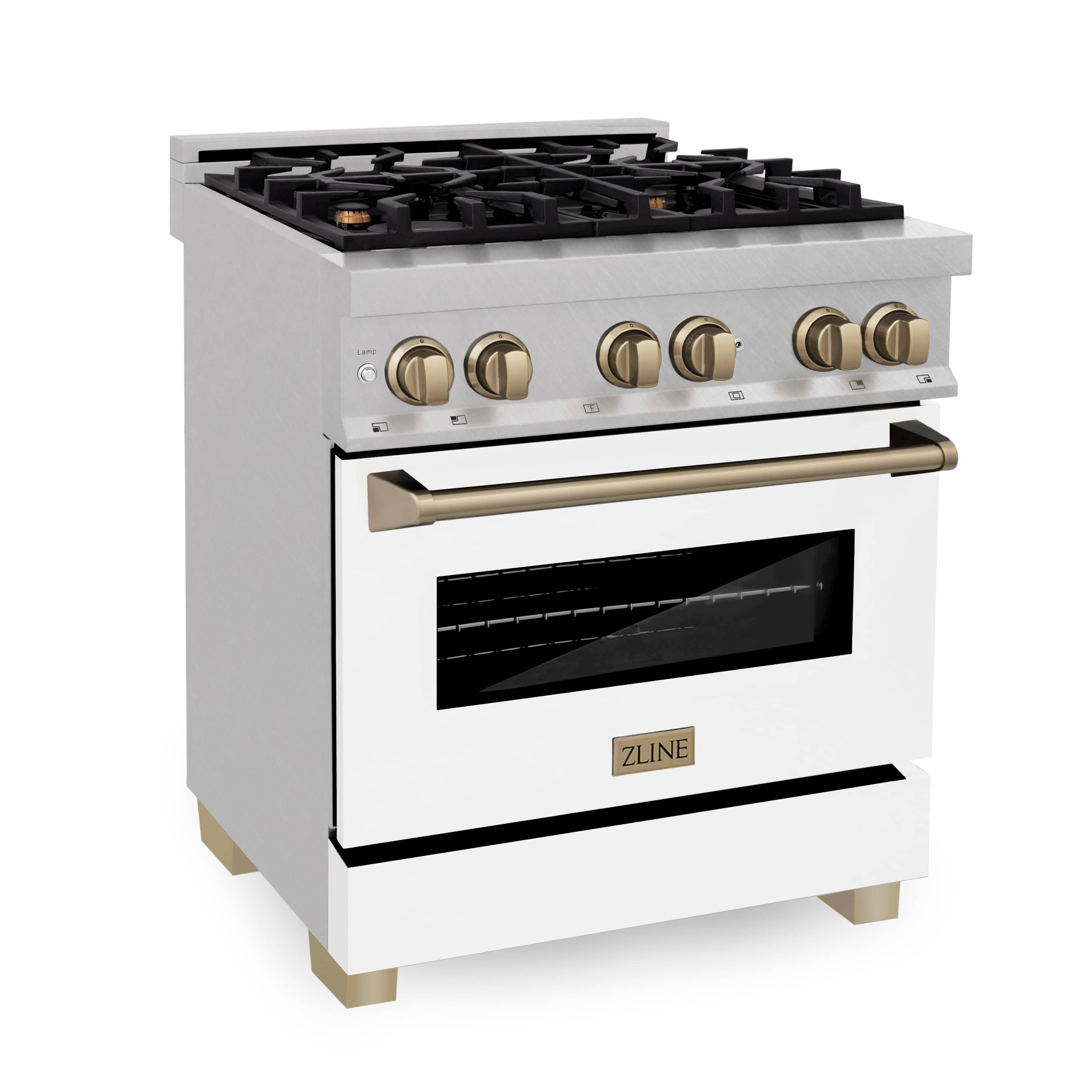 White dual fuel range with black grates, bronze control knobs, and oven door window