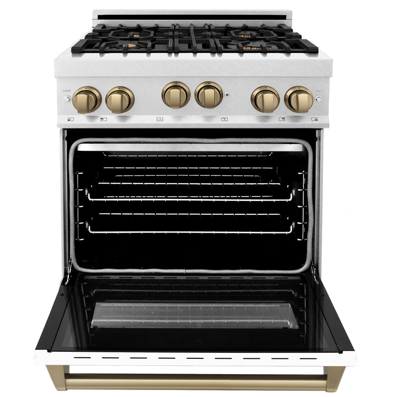 ZLINE Autograph Edition 30-Inch 4.0 cu. ft. Range with Gas Stove and Gas Oven in DuraSnow® Stainless Steel with White Matte Door and Champagne Bronze Accents (RGSZ-WM-30-CB)