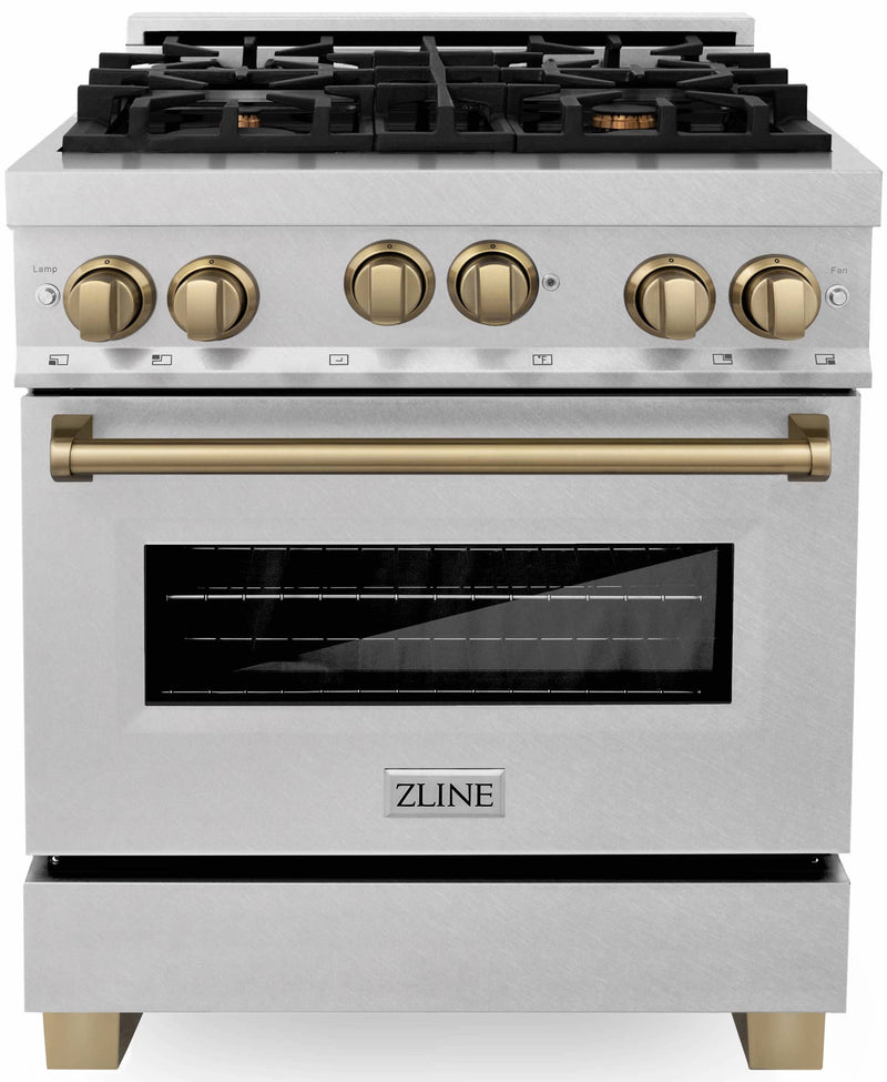 ZLINE Autograph Edition 30-Inch 4.0 cu. ft. Range with Gas Stove and Gas Oven in DuraSnow® Stainless Steel with Champagne Bronze Accents (RGSZ-SN-30-CB)