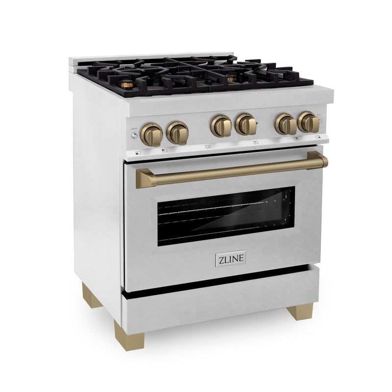 ZLINE Autograph Edition 30-Inch 4.0 cu. ft. Range with Gas Stove and Gas Oven in DuraSnow® Stainless Steel with Champagne Bronze Accents (RGSZ-SN-30-CB)