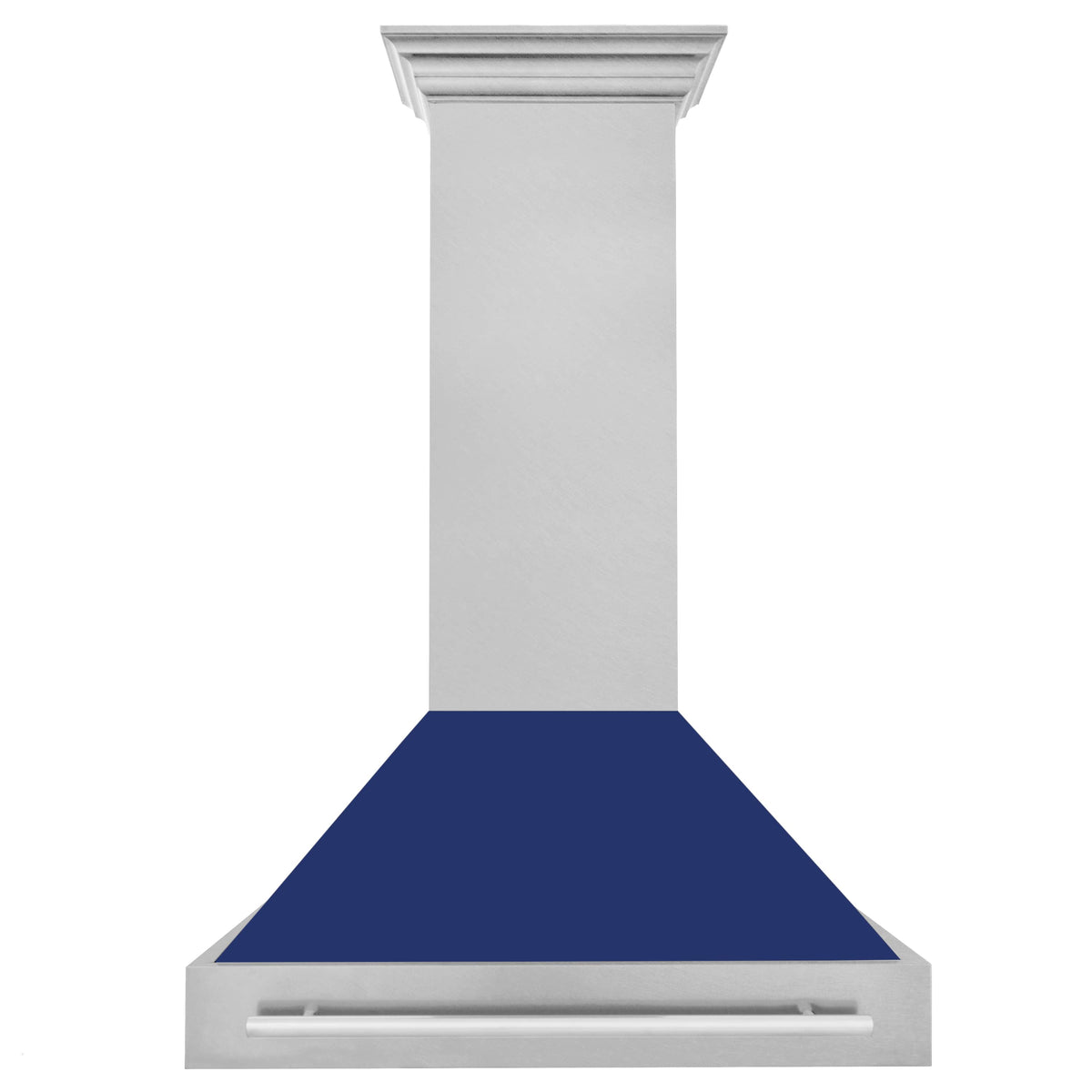 Stainless steel wall mount range hood with blue glass baffle at base