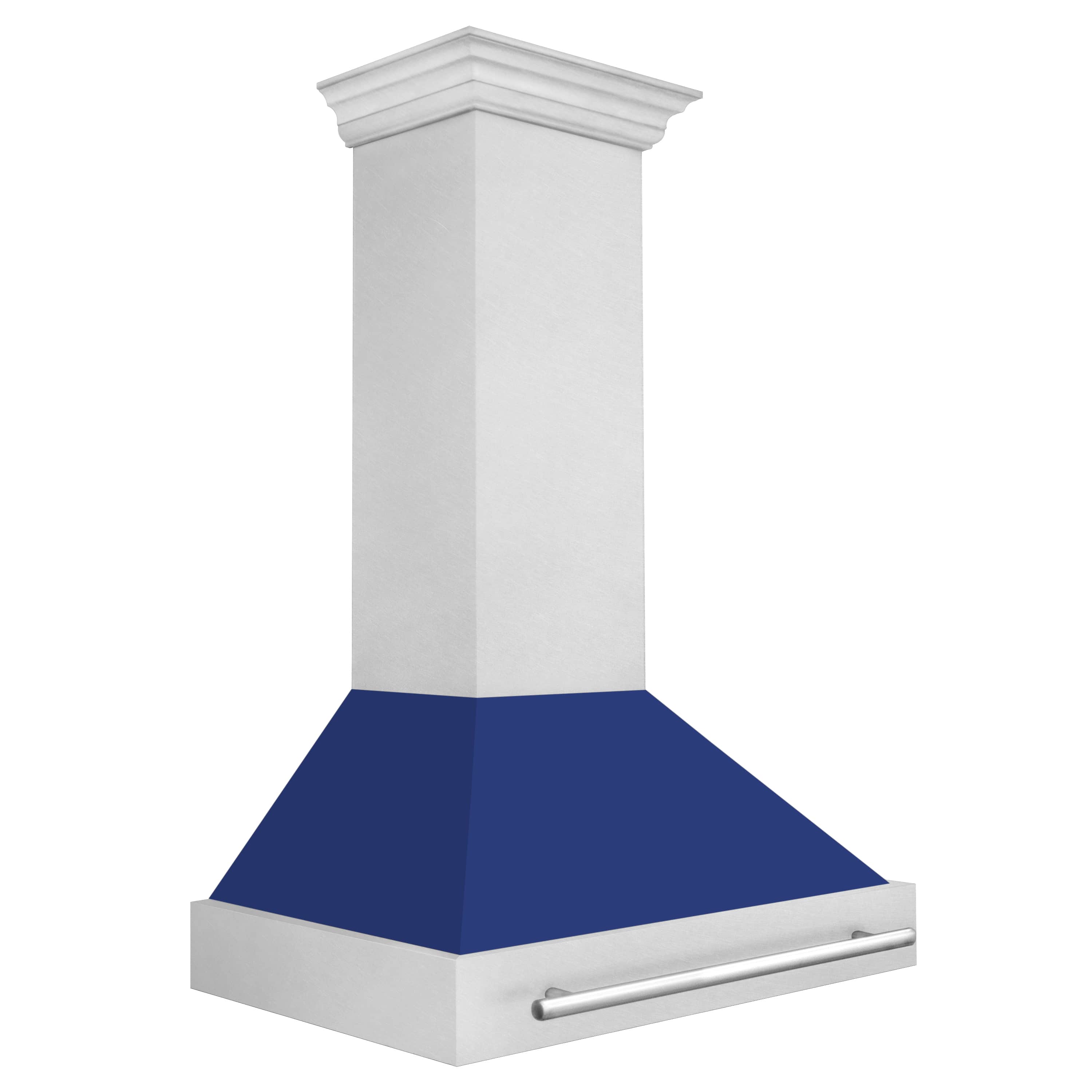 Stainless steel wall mount range hood with blue glass shell and vent bar