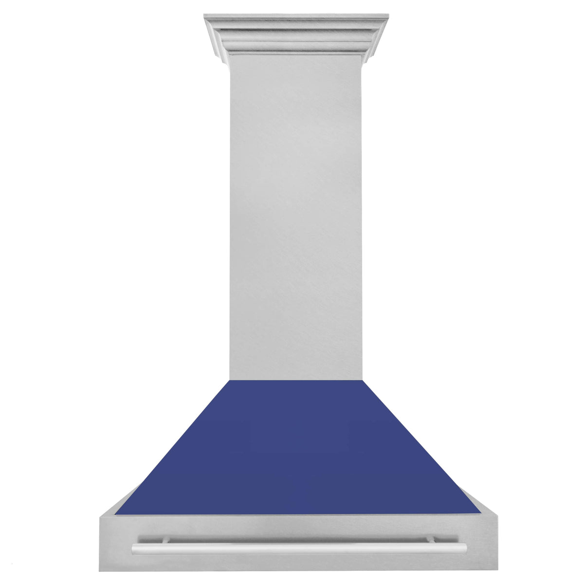 Wall mount range hood from side angle, satin stainless chimney and blue matte canopy