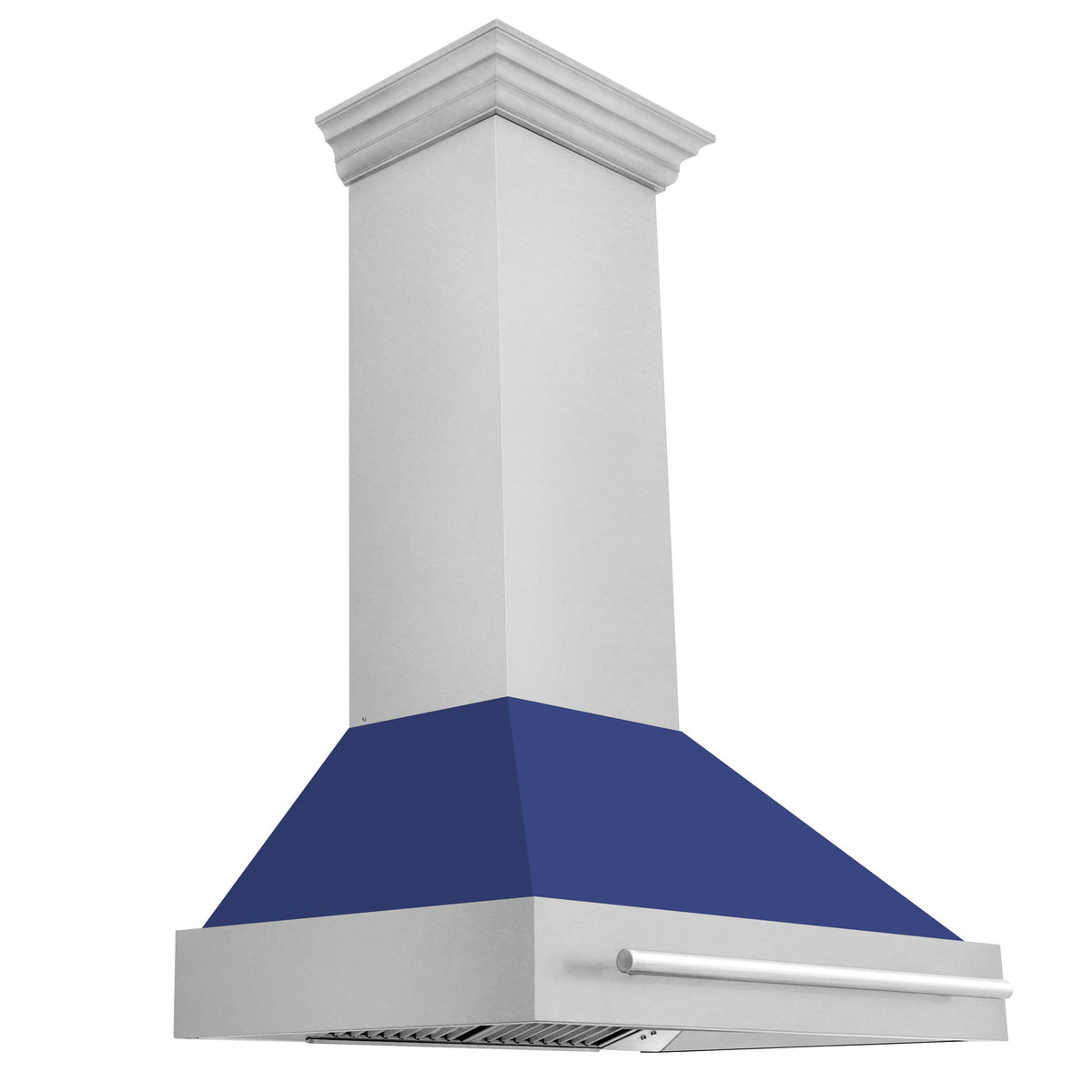 Wall mount range hood front angle, satin stainless chimney and blue matte canopy panel