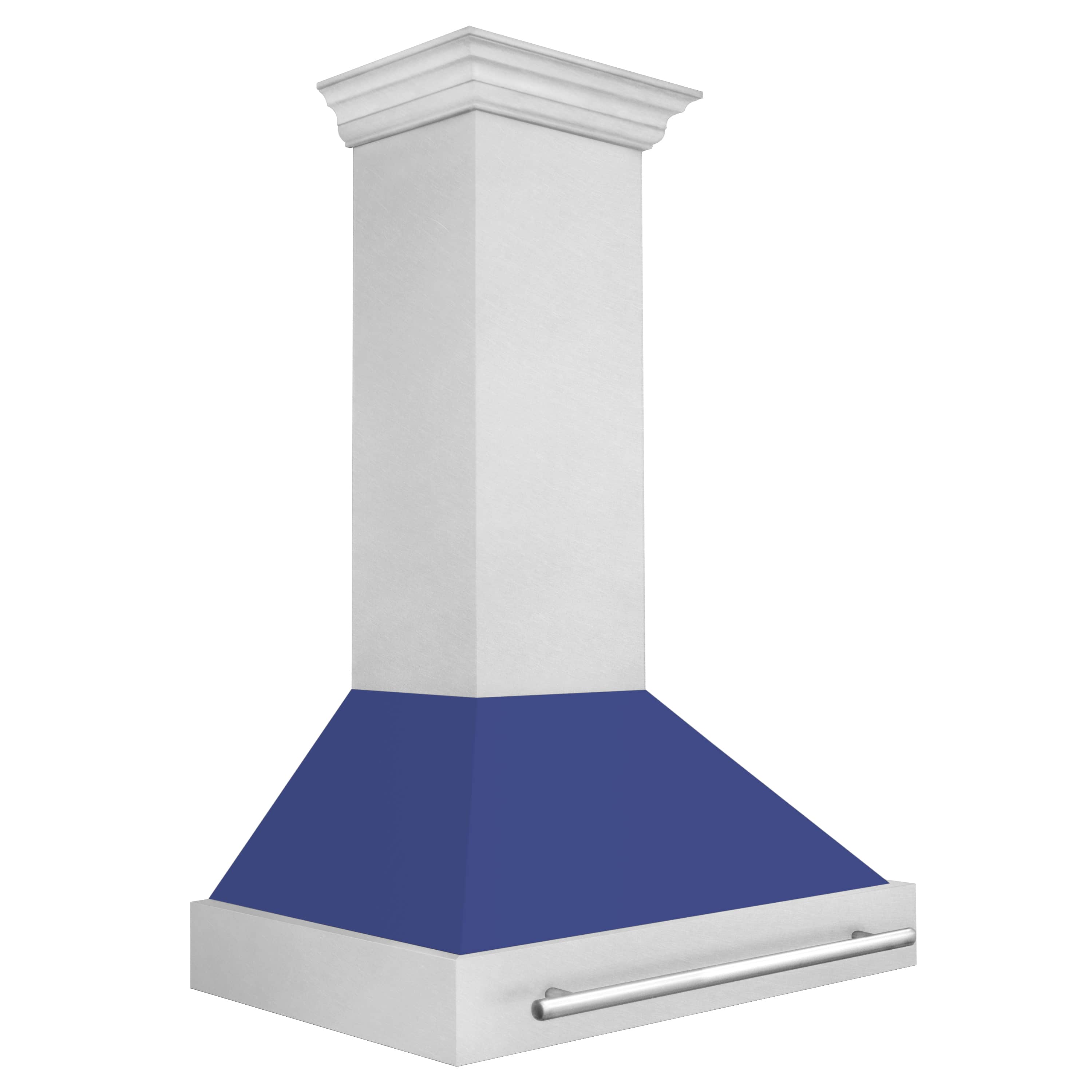 Wall mount range hood three-quarter view, satin stainless chimney with blue matte canopy