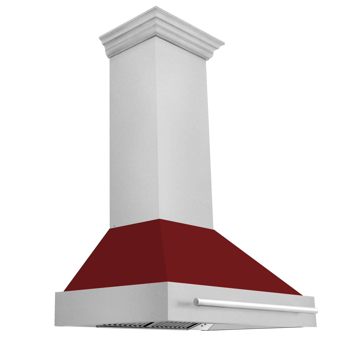 Wall mount range hood featuring satin stainless chimney, red glossy hood, and side vent grate