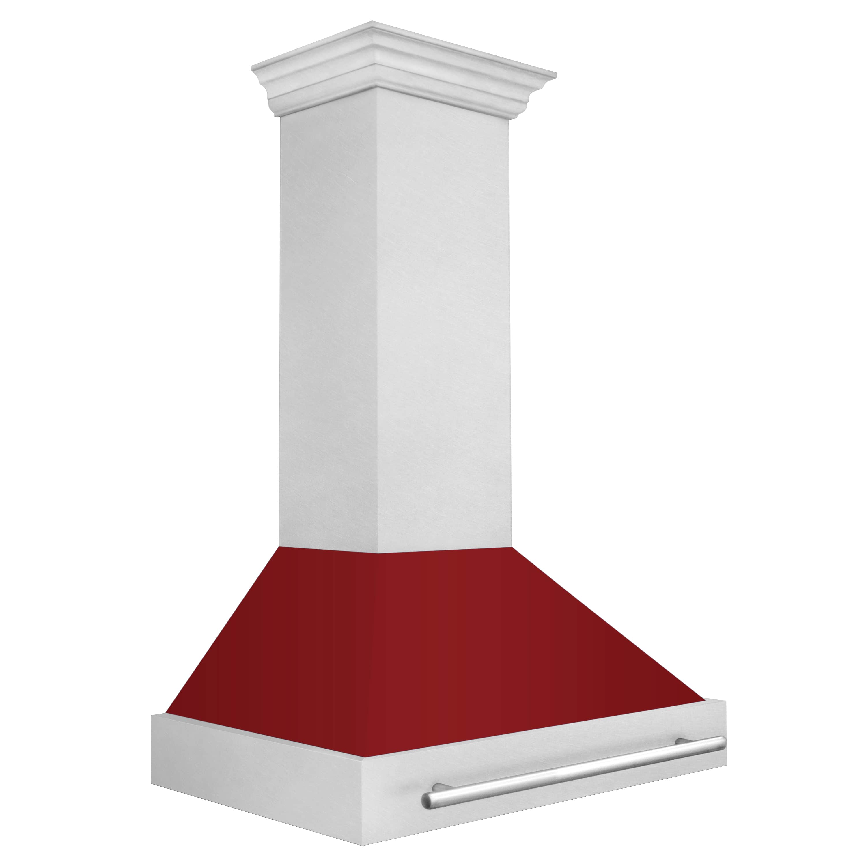 Satin stainless wall mount range hood with red glossy shell, curved duct hood, silver handle bar