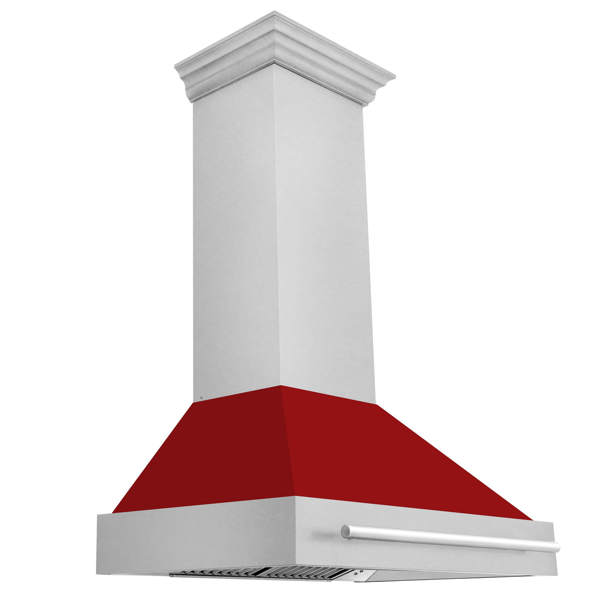 Wall mount range hood with red matte canopy, satin trim, and front vent grille.