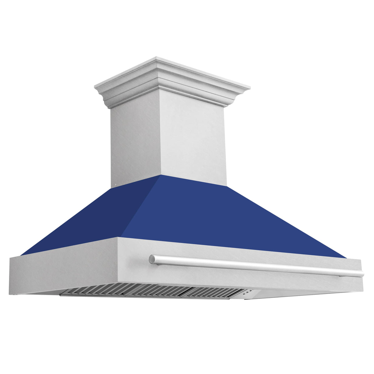 Wall-mount range hood side view with blue matte baffle and stainless steel vent grille