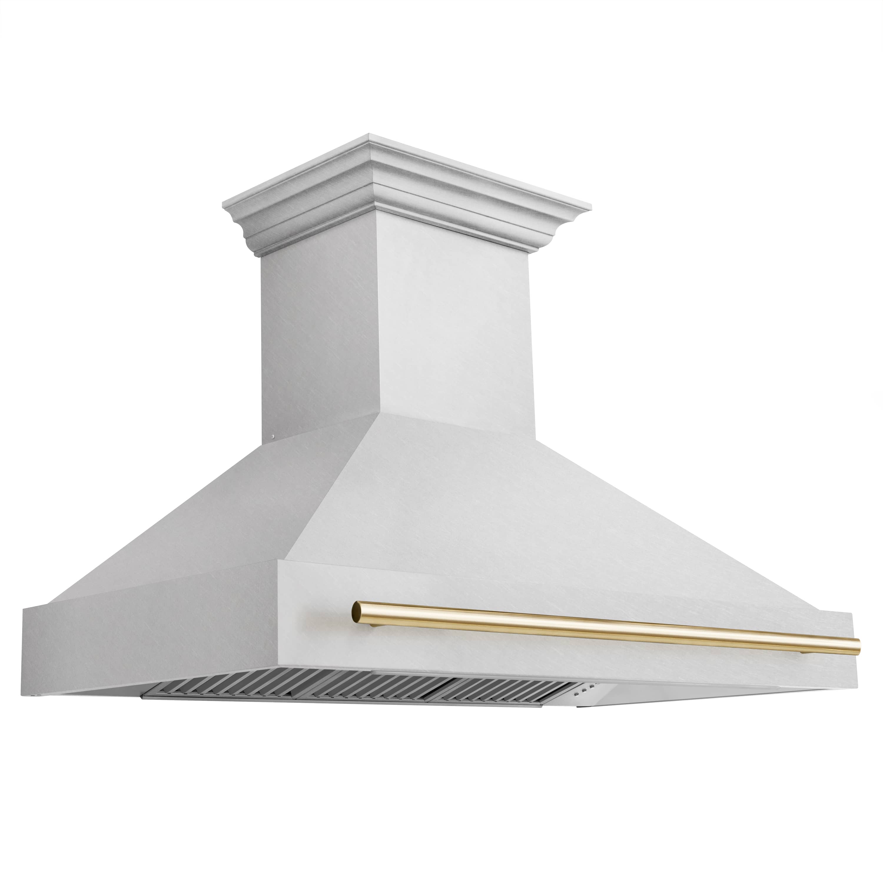 Stainless steel wall range hood with gold trim bar and front vent louvers