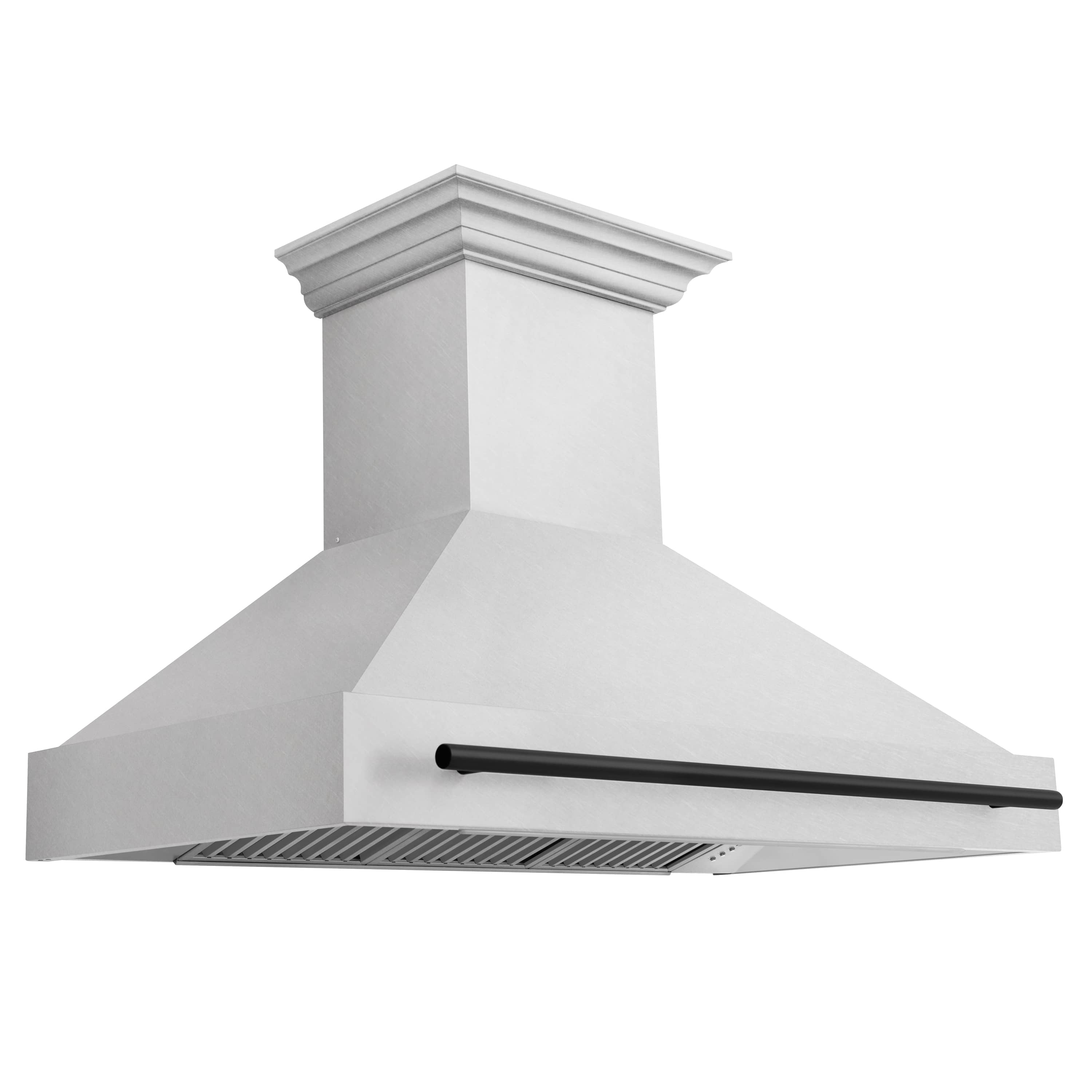 Wall-mounted range hood with satin stainless chimney and black handle bar, side view