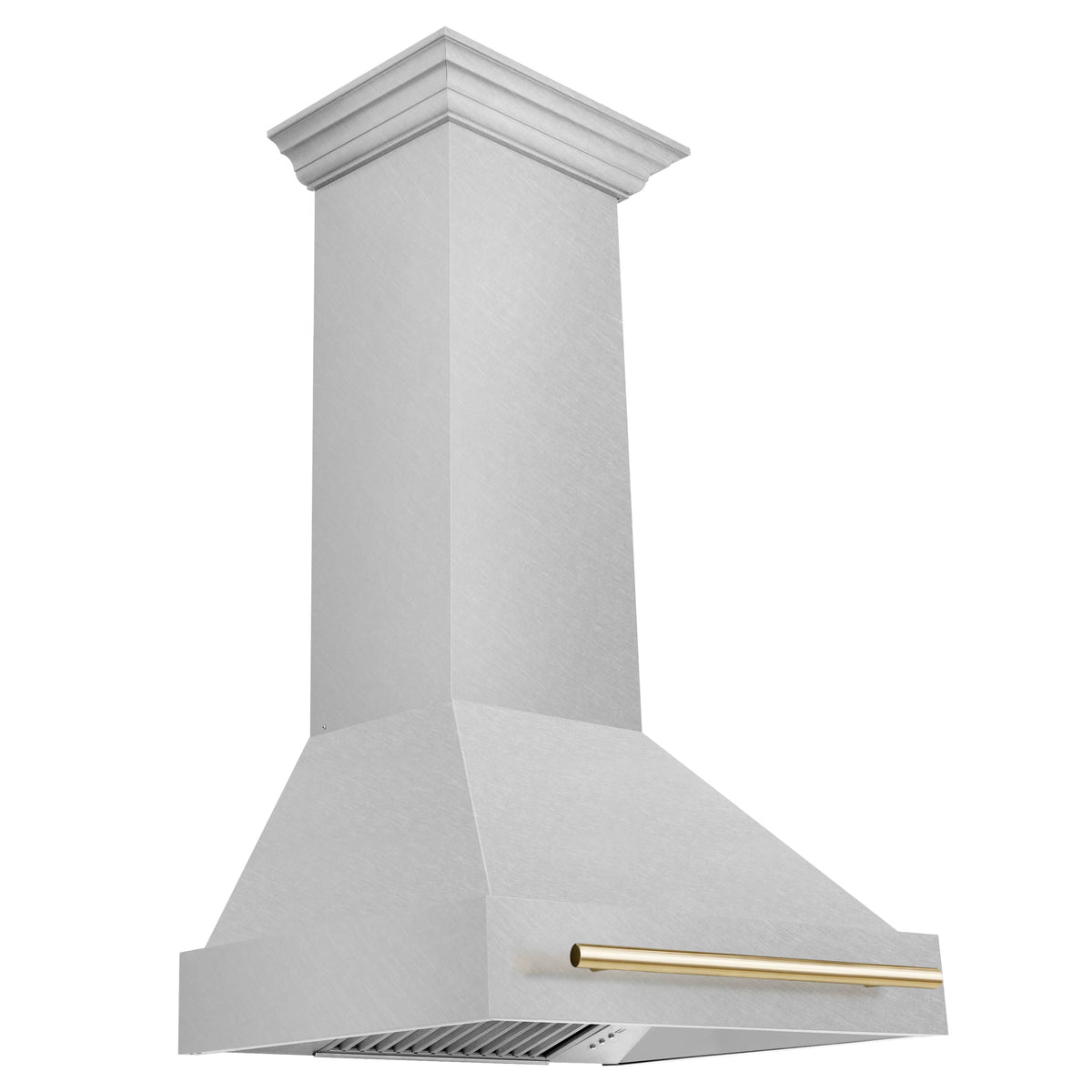Wall-mounted stainless range hood with gold handle and visible vent grille, 3/4 view