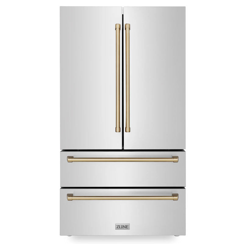ZLINE Autograph Edition 4-Piece Appliance Package - 48-Inch Dual Fuel Range, Refrigerator, Wall Mounted Range Hood, & 24-Inch Tall Tub Dishwasher in Stainless Steel with Champagne Bronze Trim (4KAPR-RARHDWM48-CB)