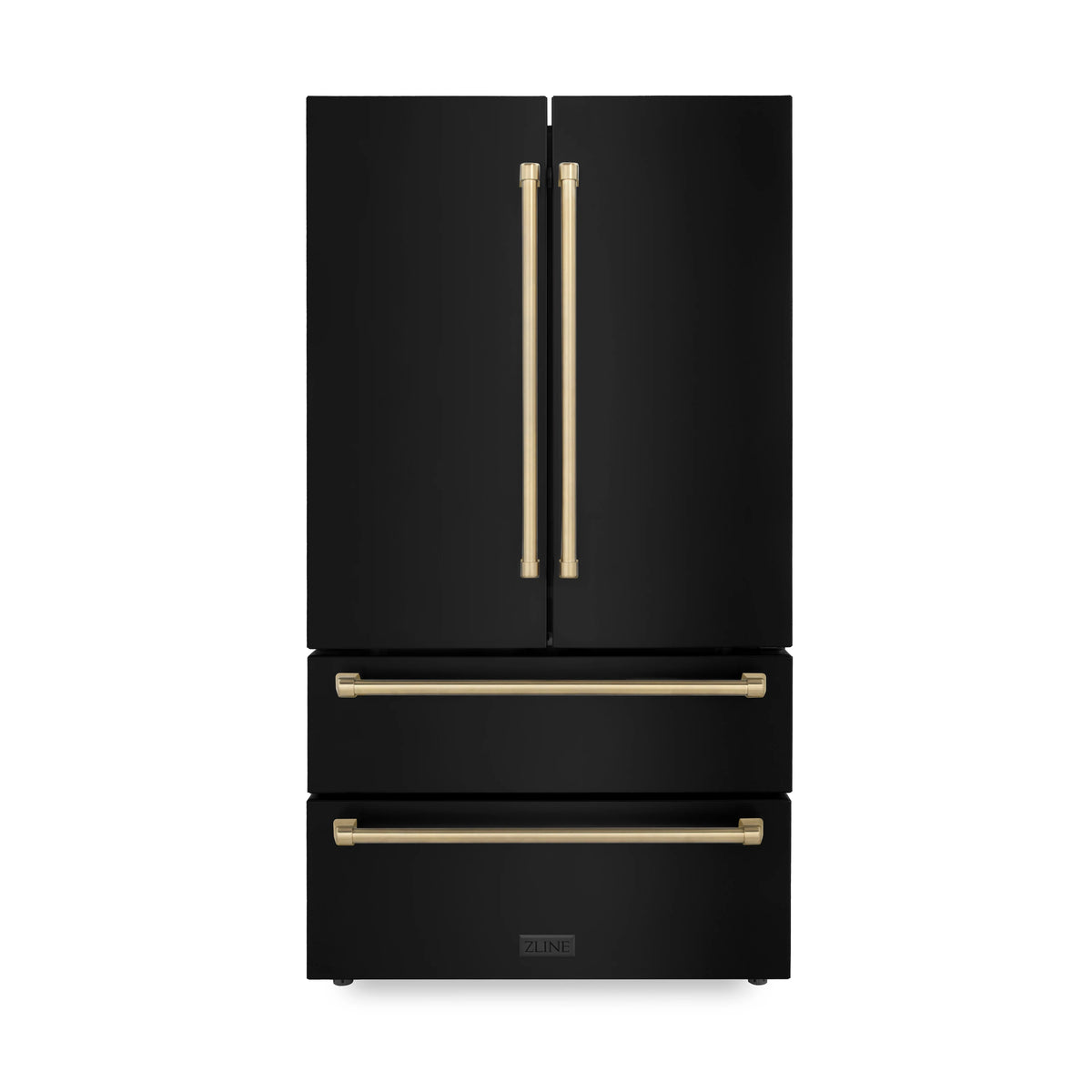 Black refrigerator with champagne bronze door handle and two drawer pulls