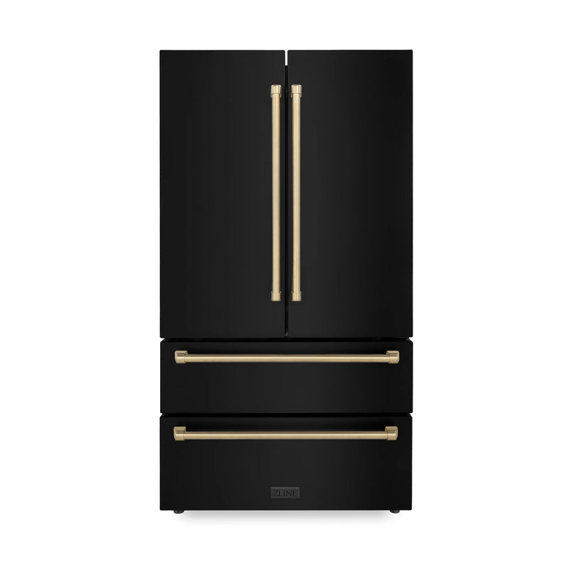 ZLINE Autograph Edition 4-Piece Appliance Package - 48-Inch Dual Fuel Range, Refrigerator, Wall Mounted Range Hood, & 24-Inch Tall Tub Dishwasher in Black Stainless Steel with Champagne Bronze Trim (4AKPR-RABRHDWV48-CB)