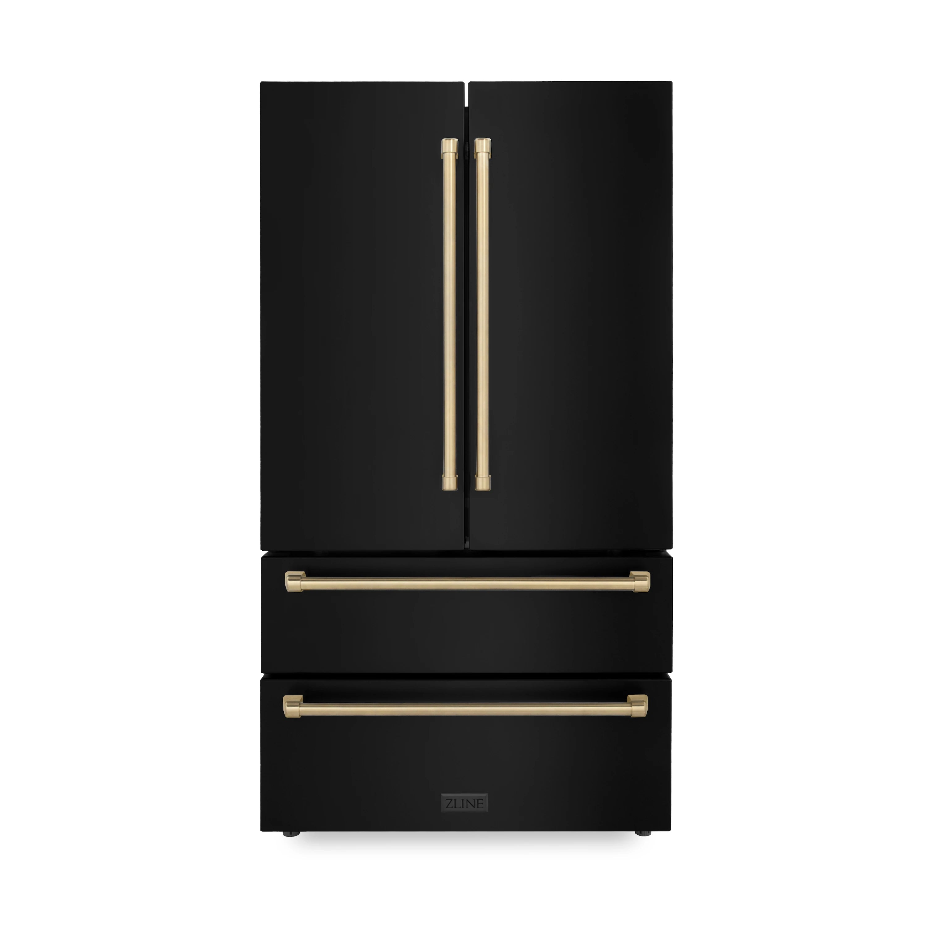 Top-freezer refrigerator in black with champagne bronze handle accents.