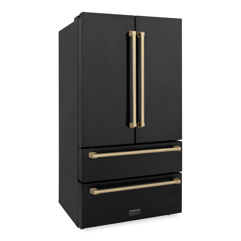 ZLINE Autograph Edition 4-Piece Appliance Package - 48-Inch Dual Fuel Range, Refrigerator, Wall Mounted Range Hood, & 24-Inch Tall Tub Dishwasher in Black Stainless Steel with Champagne Bronze Trim (4AKPR-RABRHDWV48-CB)