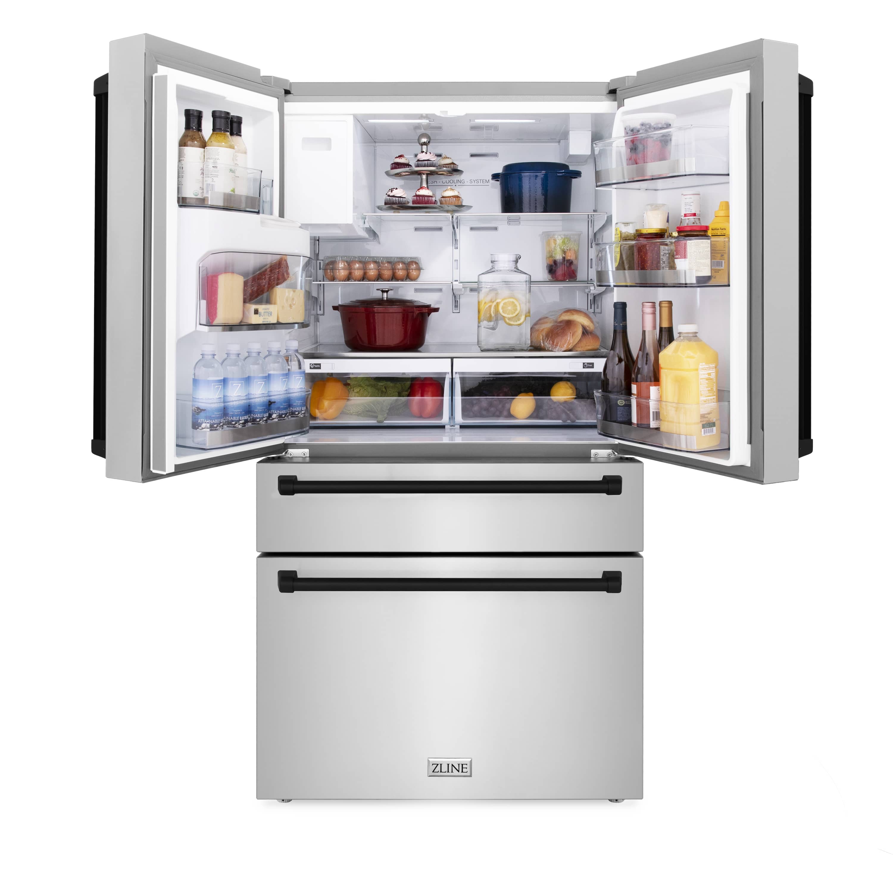 Refrigerator with open doors and lower freezer drawer, interior compartments shown