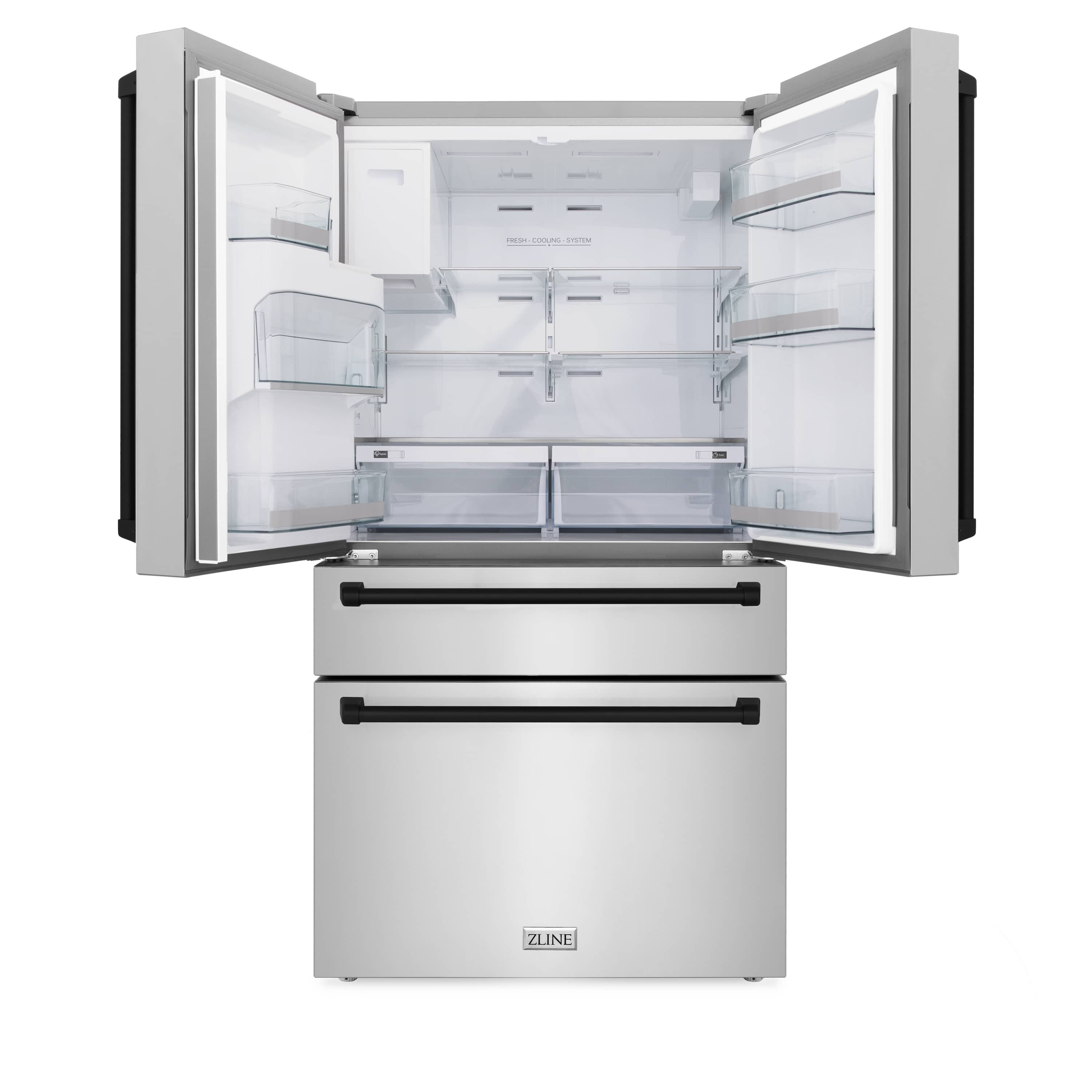 Refrigerator with doors open, interior shelves, and bottom freezer drawer