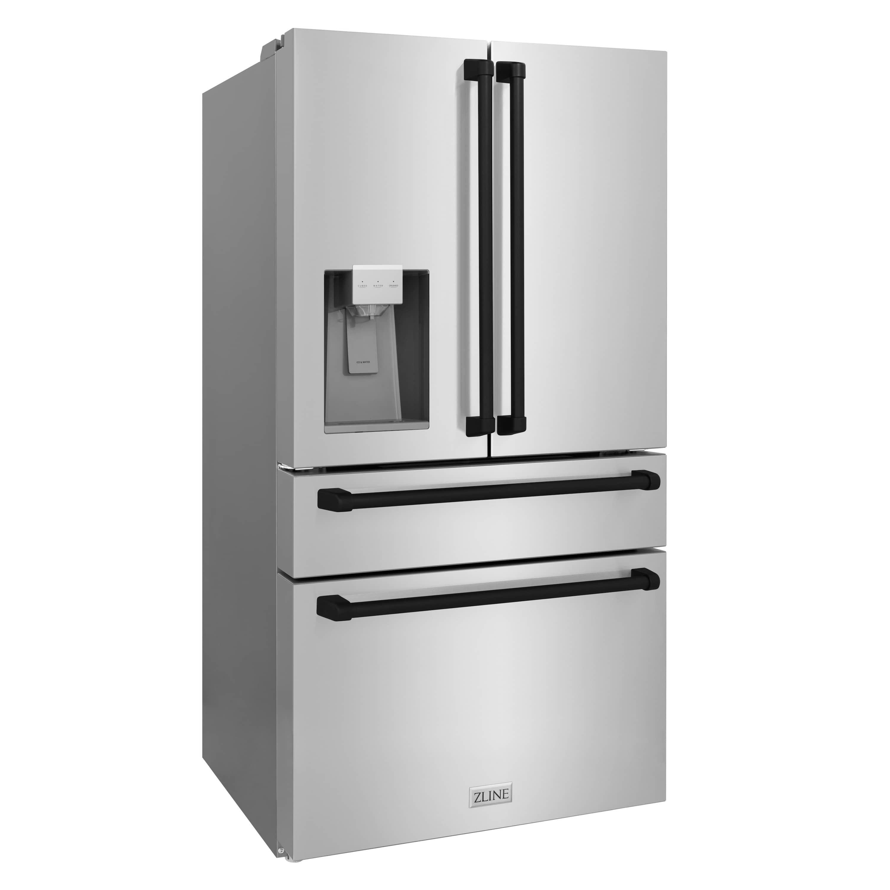 Stainless steel ZLINE refrigerator with water dispenser and black drawer handles