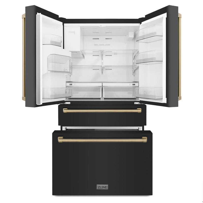 ZLINE Autograph Edition 4-Piece Appliance Package - 48-Inch Gas Range, Refrigerator with Water Dispenser, Wall Mounted Range Hood, & 24-Inch Tall Tub Dishwasher in Black Stainless Steel with Champagne Bronze Trim (4KAPR-RGBRHDWV48-CB)