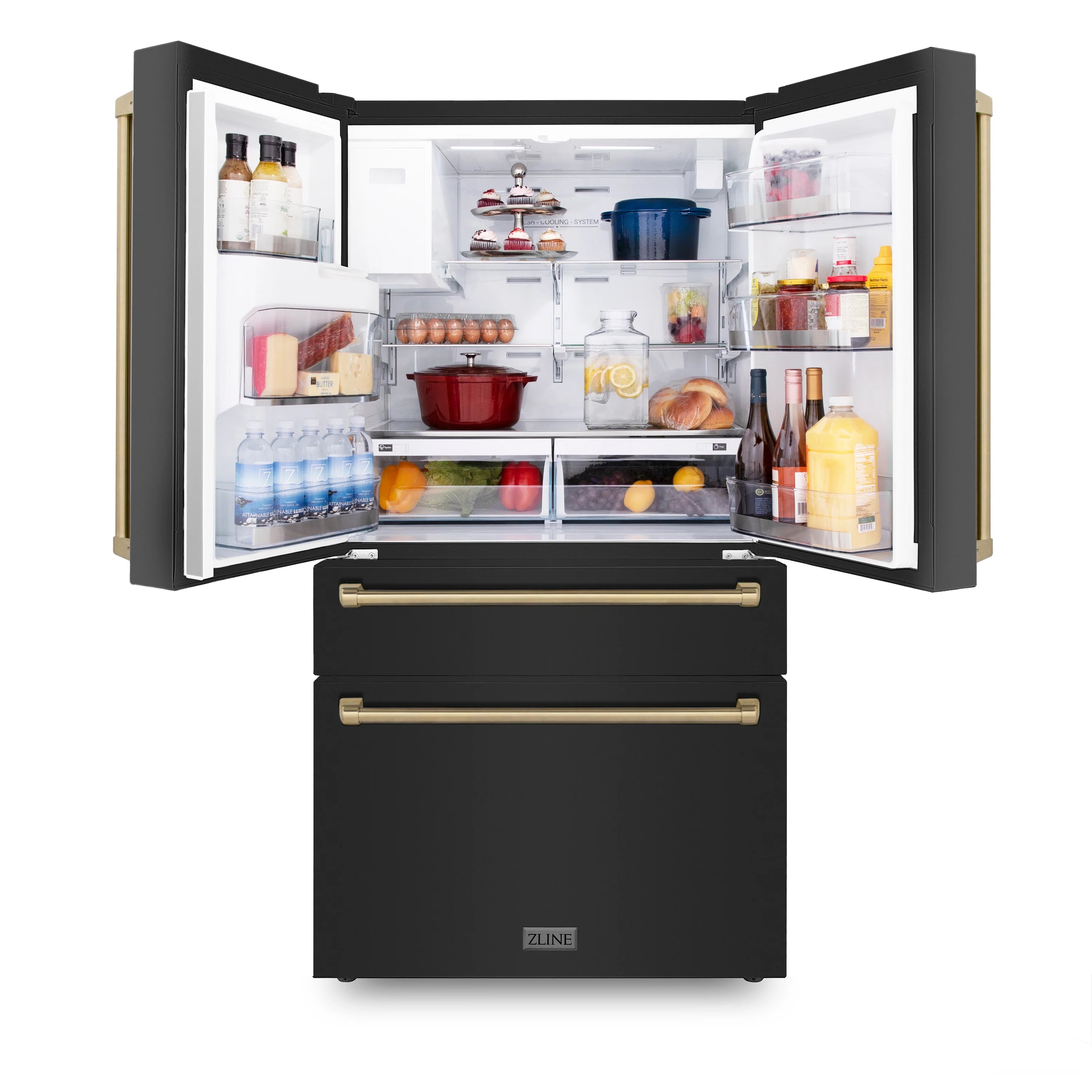 Black stainless refrigerator door open showing interior shelves and storage bins
