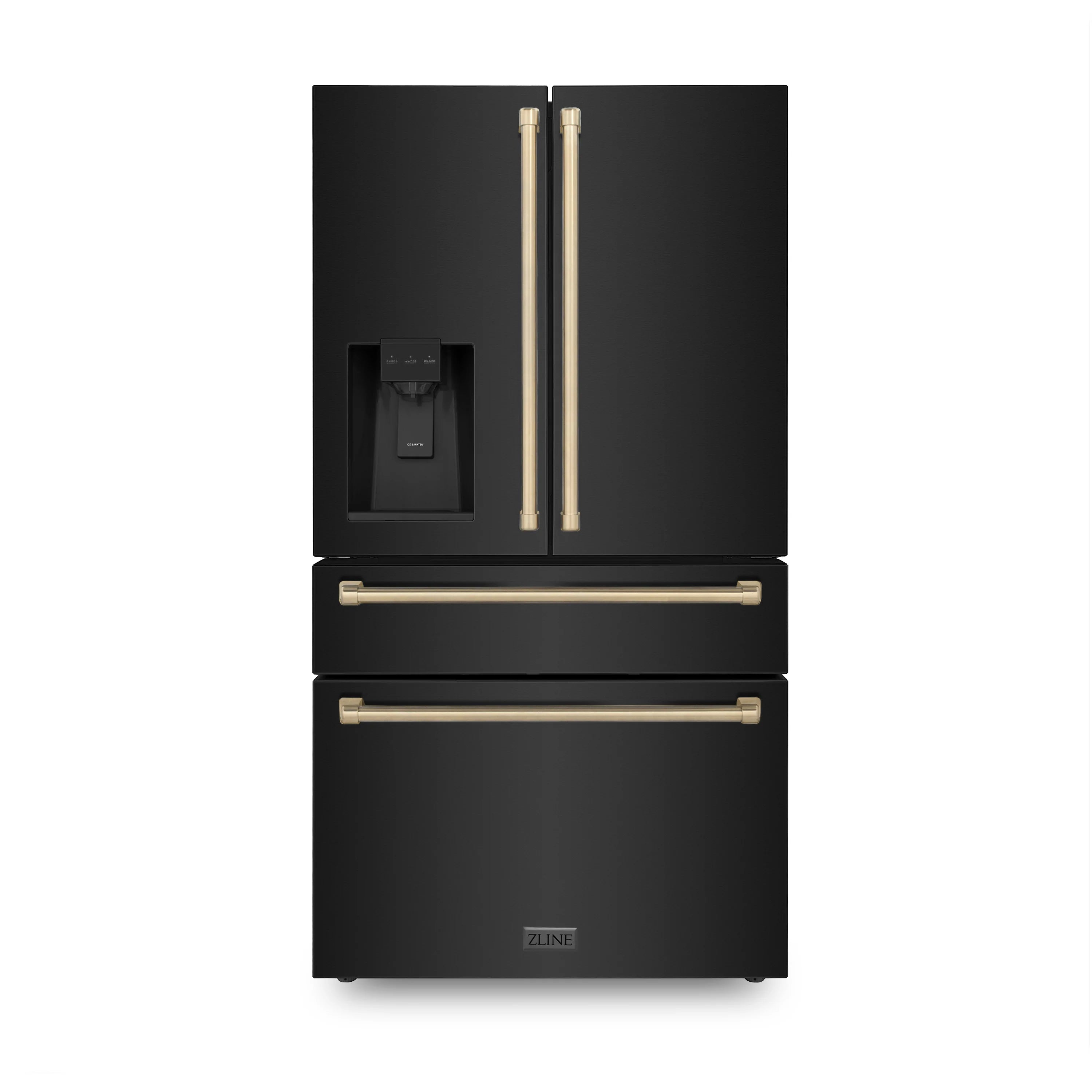 Black stainless refrigerator with water dispenser and champagne bronze handles