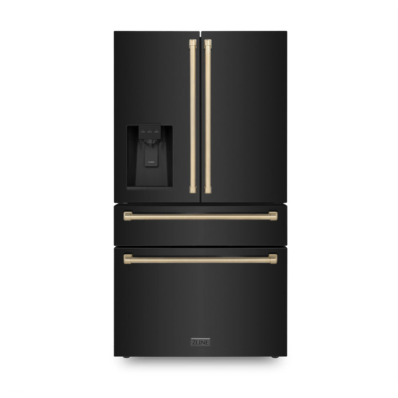 ZLINE Autograph Edition 4-Piece Appliance Package - 30-Inch Dual Fuel Range, Refrigerator with Water Dispenser, Wall Mounted Range Hood, & 24-Inch Tall Tub Dishwasher in Black Stainless Steel with Champagne Bronze Trim (4KAPR-RABRHDWV30-CB)