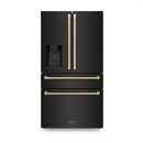 ZLINE Autograph Edition 4-Piece Appliance Package - 36" Dual Fuel Range, 36" Refrigerator with Water Dispenser, Wall Mounted Range Hood, & 24" Tall Tub Dishwasher in Black Stainless Steel with Champagne Bronze Trim (4KAPR-RABRHDWV36-CB)
