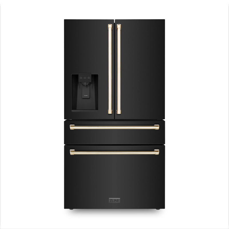 ZLINE Autograph Edition 4-Piece Appliance Package - 48-Inch Dual Fuel Range, Refrigerator with Water Dispenser, Wall Mounted Range Hood, & 24-Inch Tall Tub Dishwasher in Black Stainless Steel with Gold Trim (4KAPR-RABRHDWV48-G)