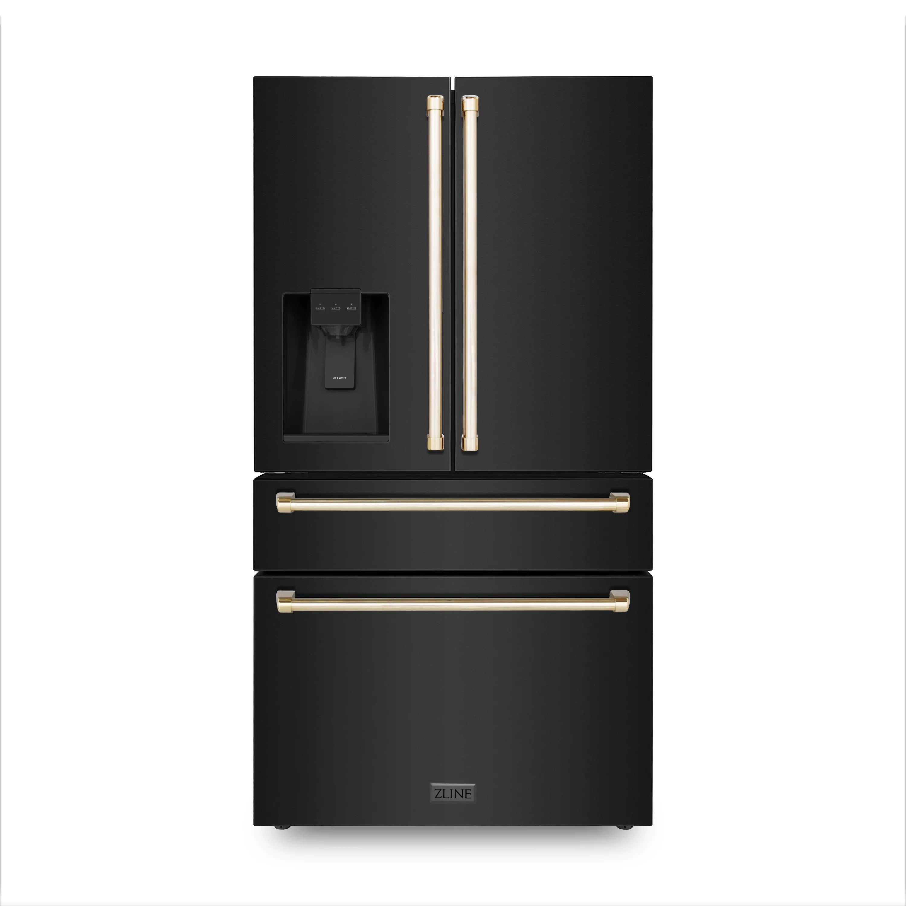 Black French-door refrigerator with water dispenser and gold handles