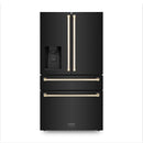 ZLINE Autograph Edition 4-Piece Appliance Package - 36-Inch Gas Range, Refrigerator with Water Dispenser, Wall Mounted Range Hood, & 24-Inch Tall Tub Dishwasher in Black Stainless Steel with Gold Trim (4KAPR-SGRBRHDWV36-G)