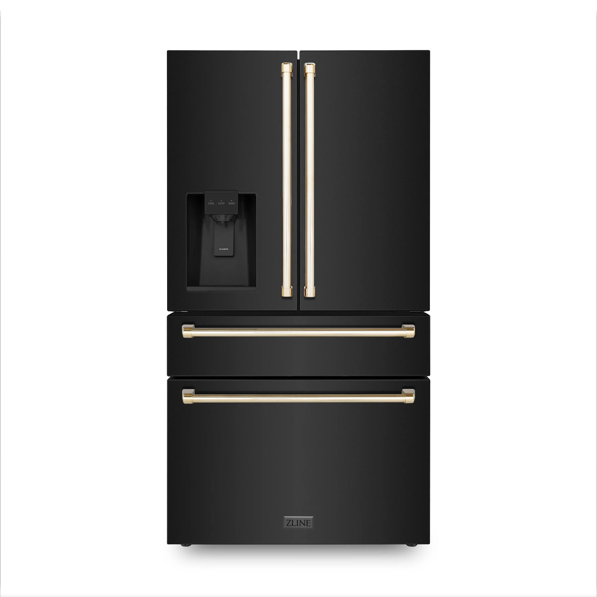 Black stainless refrigerator with gold pull handles and top freezer
