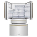 ZLINE Autograph Edition 4-Piece Appliance Package - 48-Inch Stainless Steel Gas Range, Refrigerator with Water Dispenser, Wall Mounted Range Hood, & 24-Inch Tall Tub Dishwasher in White Matte and Gold Accents (4AKPR-SGRWMRHDWM48-G)