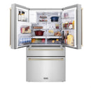 ZLINE Autograph Edition 4-Piece Appliance Package - 48-Inch Stainless Steel Gas Range, Refrigerator with Water Dispenser, Wall Mounted Range Hood, & 24-Inch Tall Tub Dishwasher in White Matte and Gold Accents (4AKPR-SGRWMRHDWM48-G)